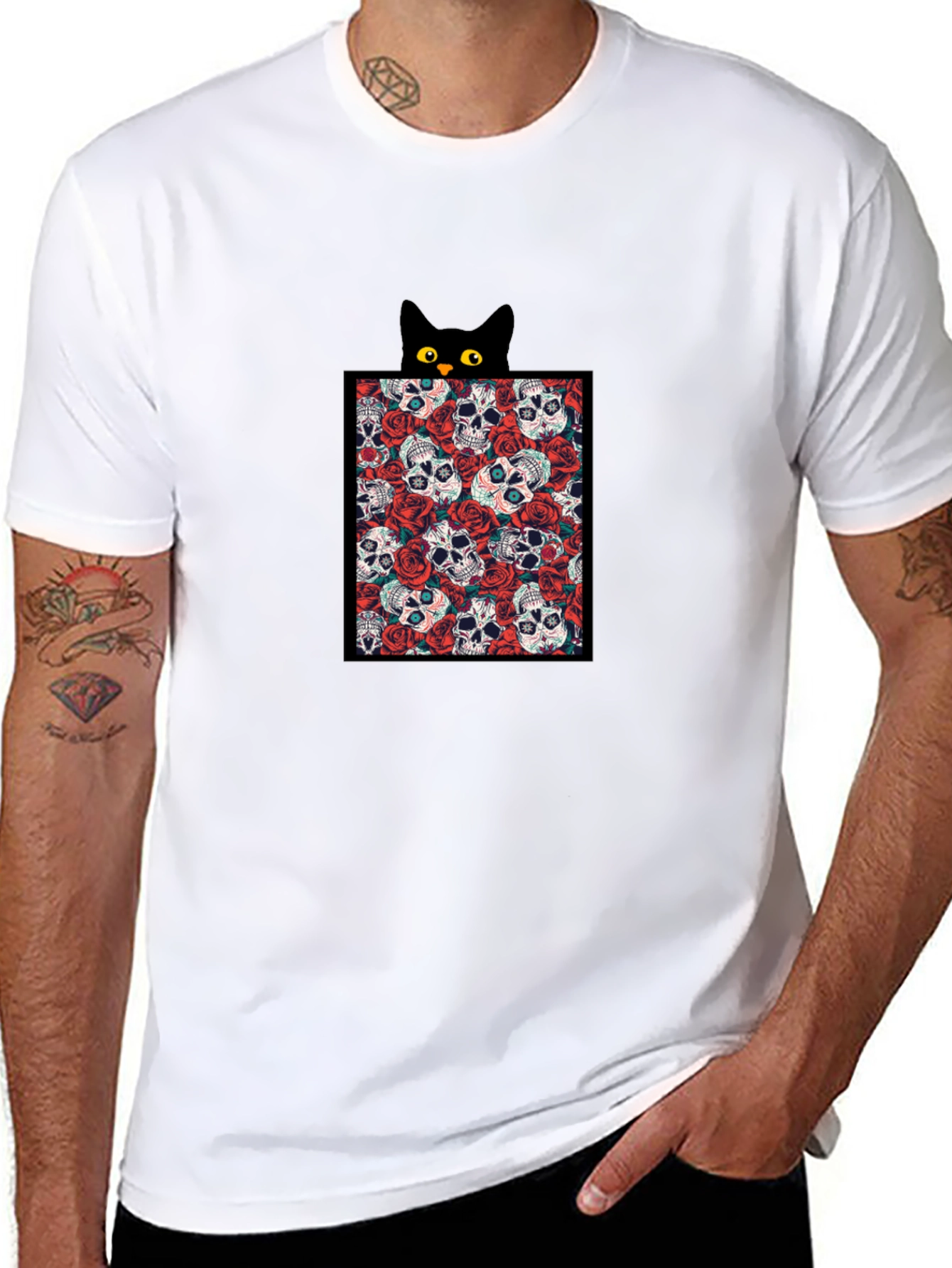 Skull & Rose Cat Tee - Black Graphic T-Shirt