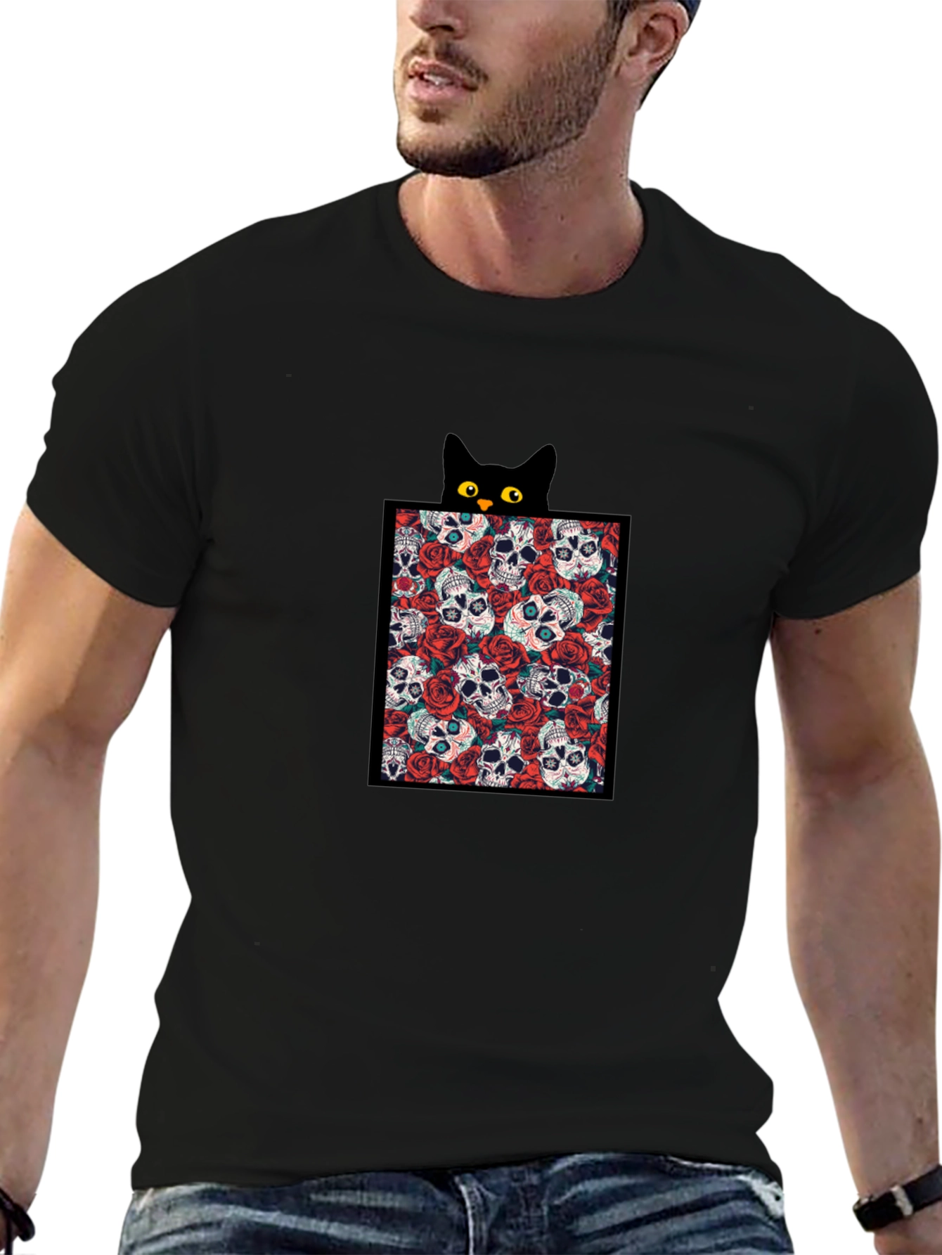 Skull & Rose Cat Tee - Black Graphic T-Shirt