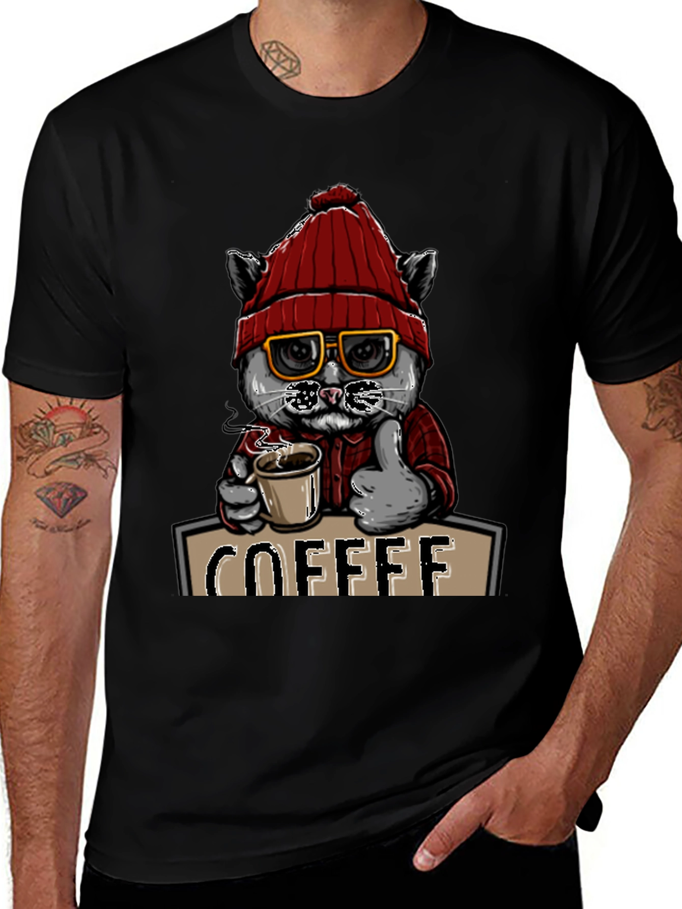 Coffee Cat T-Shirt - Red Hat Glasses Caffeine