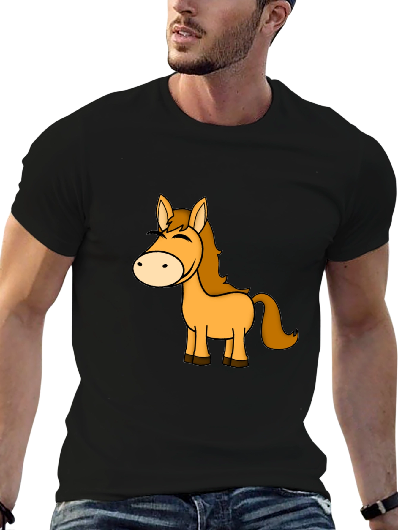 Horse Cartoon Graphic Black T-Shirt