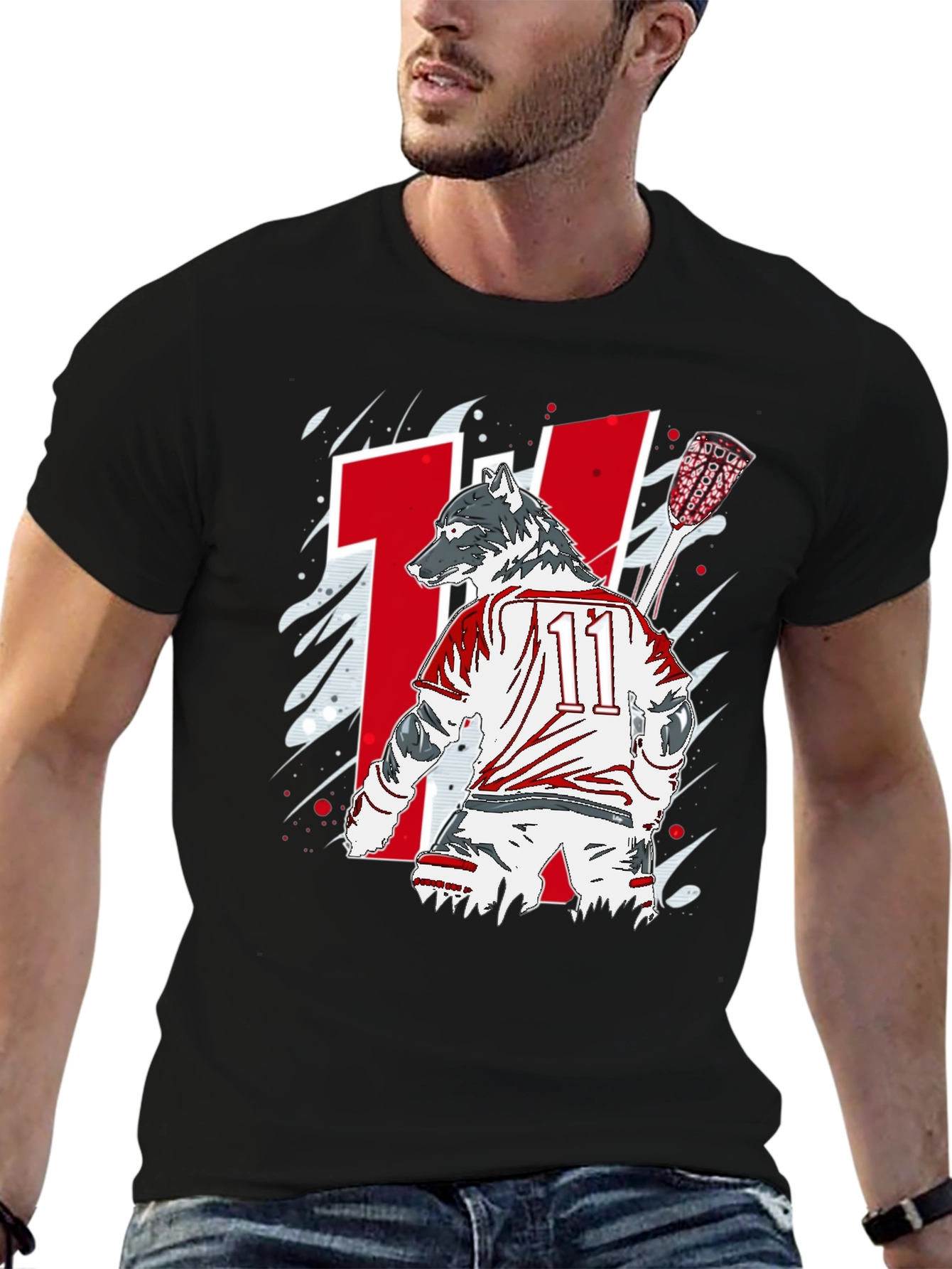 Wolf Lacrosse Player Black Graphic T-Shirt
