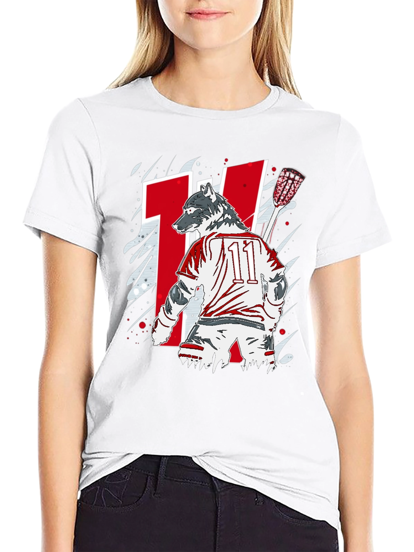 Wolf Lacrosse Player Black Graphic T-Shirt