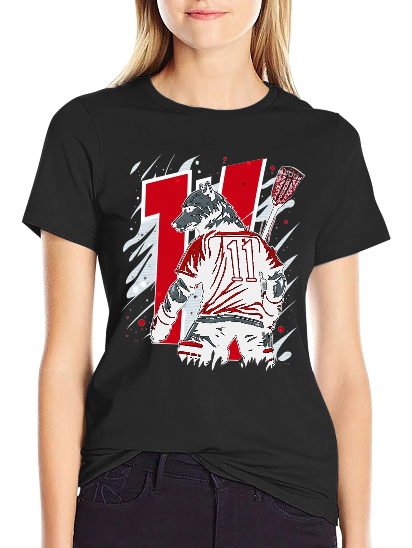 Wolf Lacrosse Player Black Graphic T-Shirt