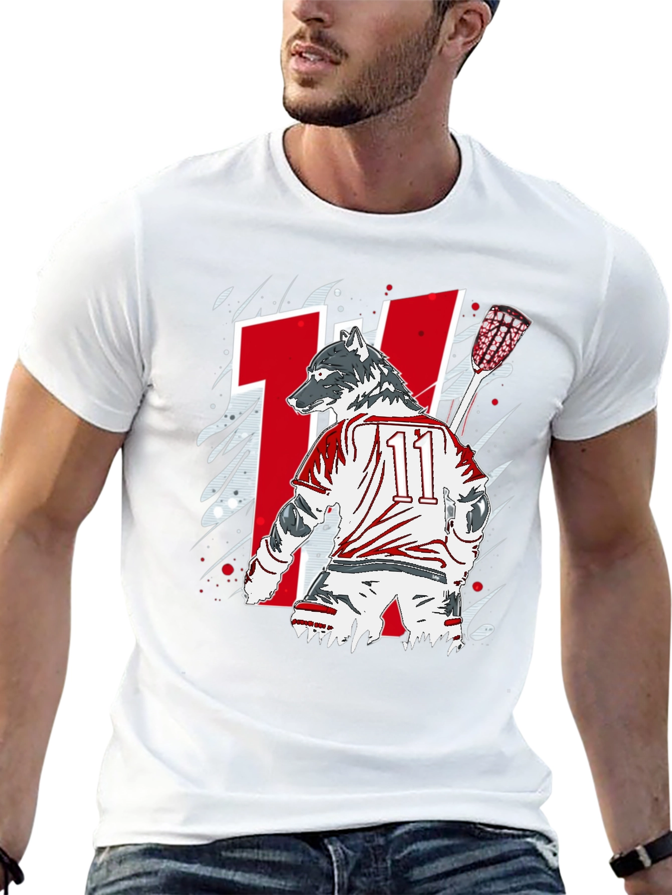 Wolf Lacrosse Player Black Graphic T-Shirt