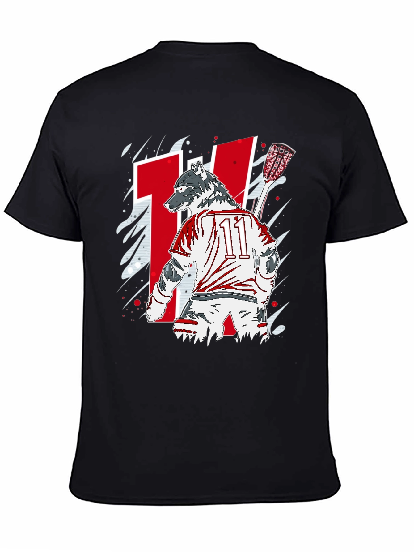 Wolf Lacrosse Player Black Graphic T-Shirt
