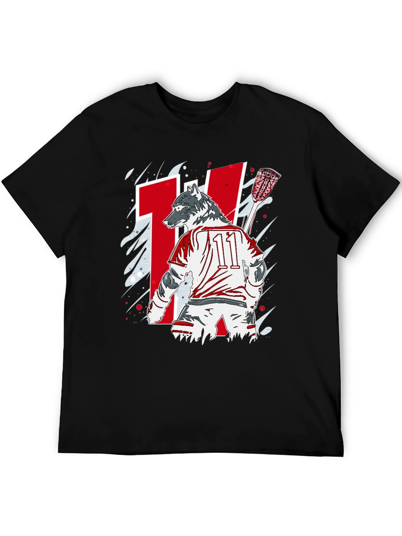 Wolf Lacrosse Player Black Graphic T-Shirt