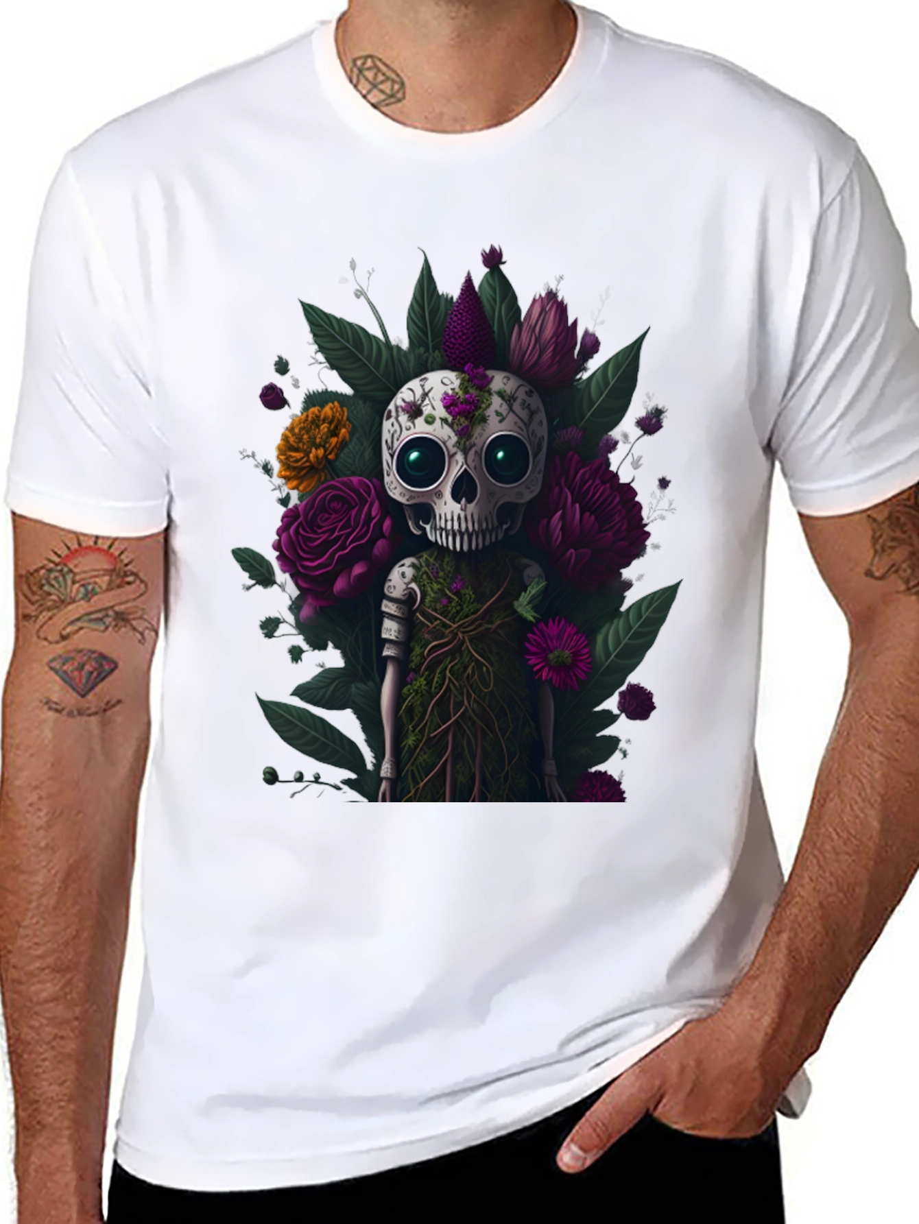 Floral Skull Graphic Print Black T-Shirt