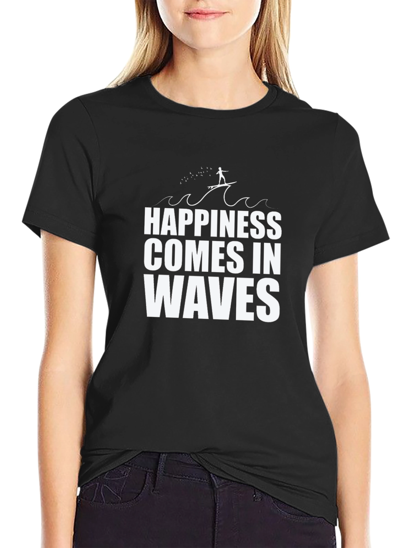 Happiness Comes In Waves Black Graphic Tee Shirt