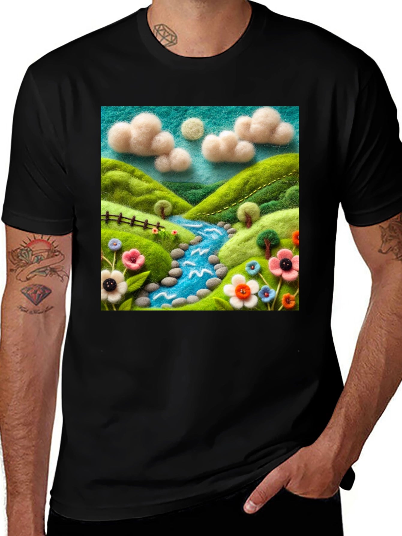 Nature River Felt Art Black T-Shirt