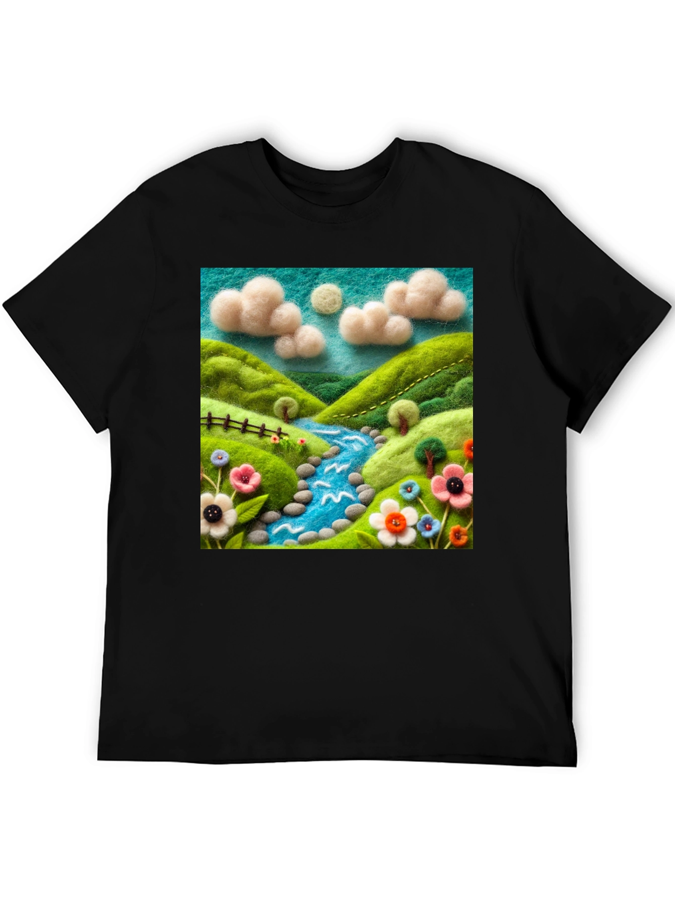 Nature River Felt Art Black T-Shirt