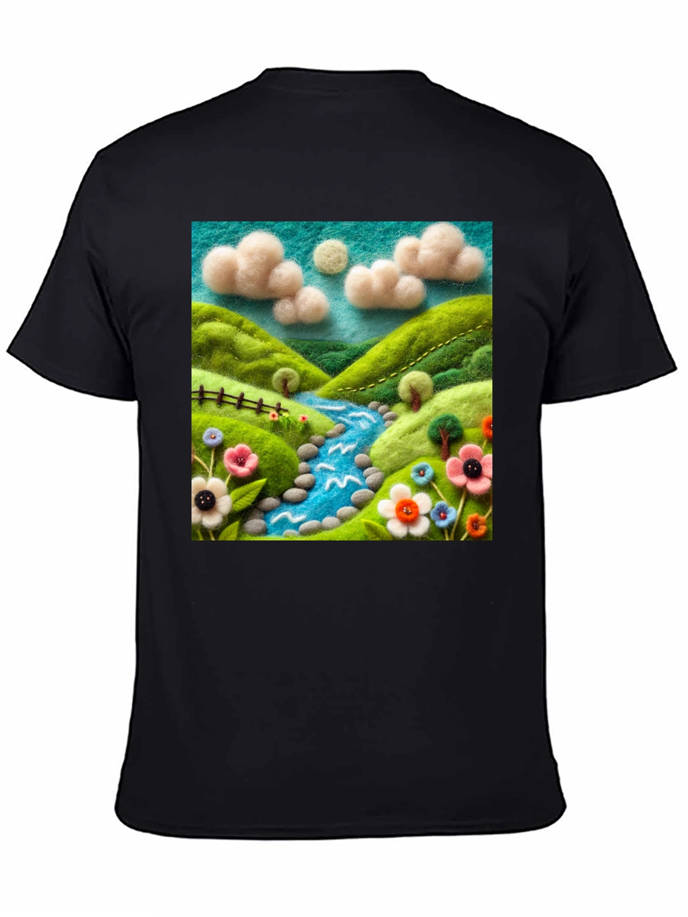 Nature River Felt Art Black T-Shirt