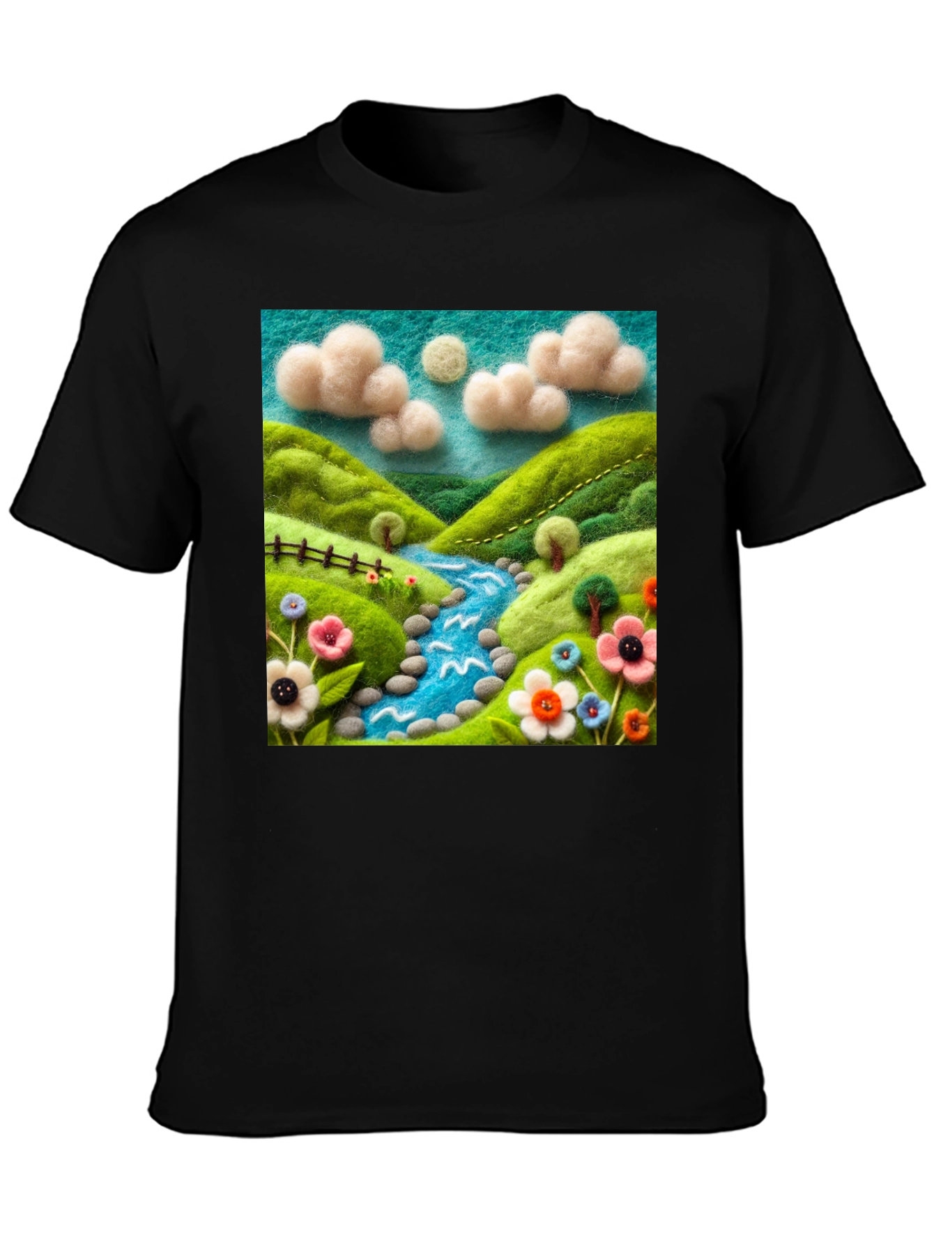 Nature River Felt Art Black T-Shirt