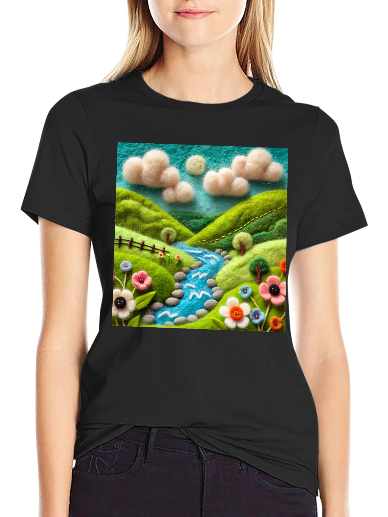 Nature River Felt Art Black T-Shirt