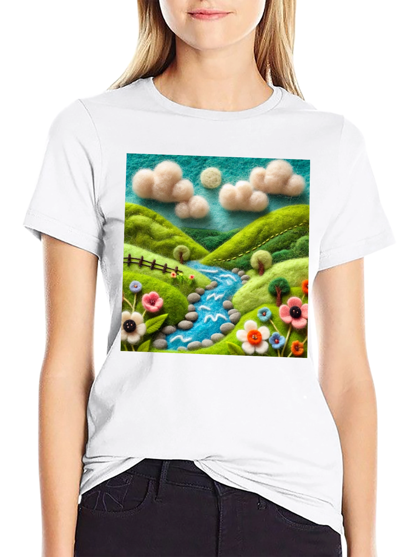 Nature River Felt Art Black T-Shirt