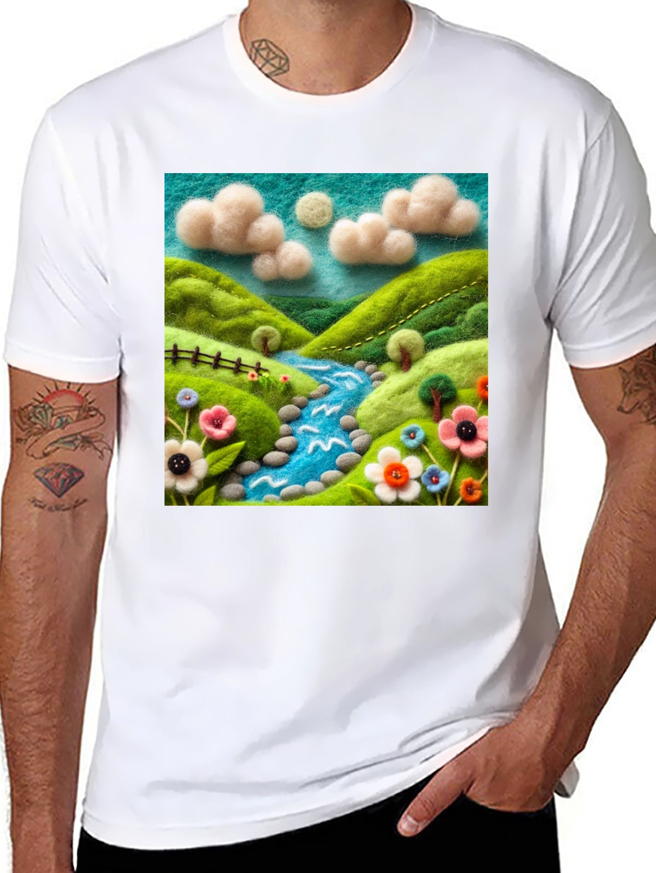 Nature River Felt Art Black T-Shirt