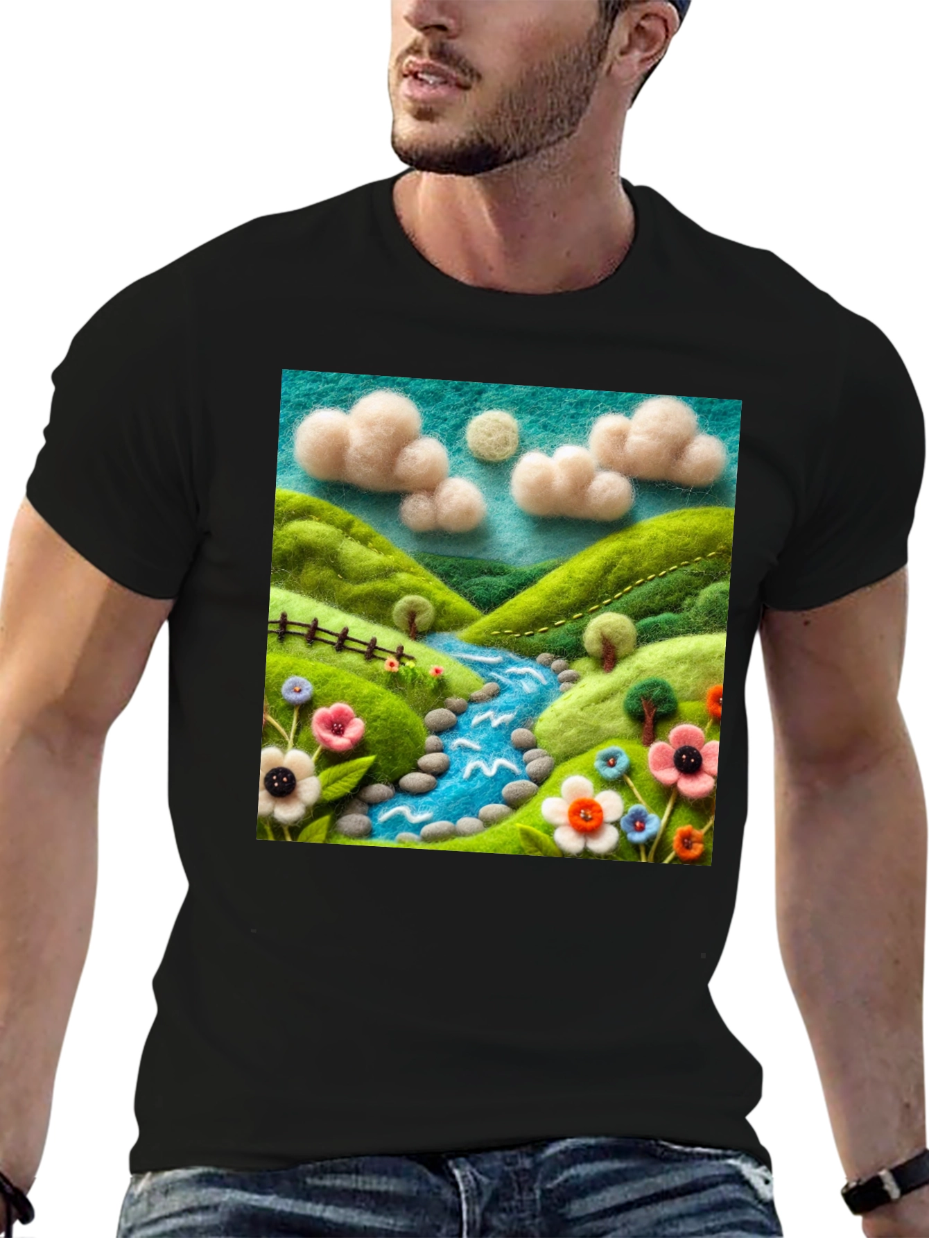 Nature River Felt Art Black T-Shirt