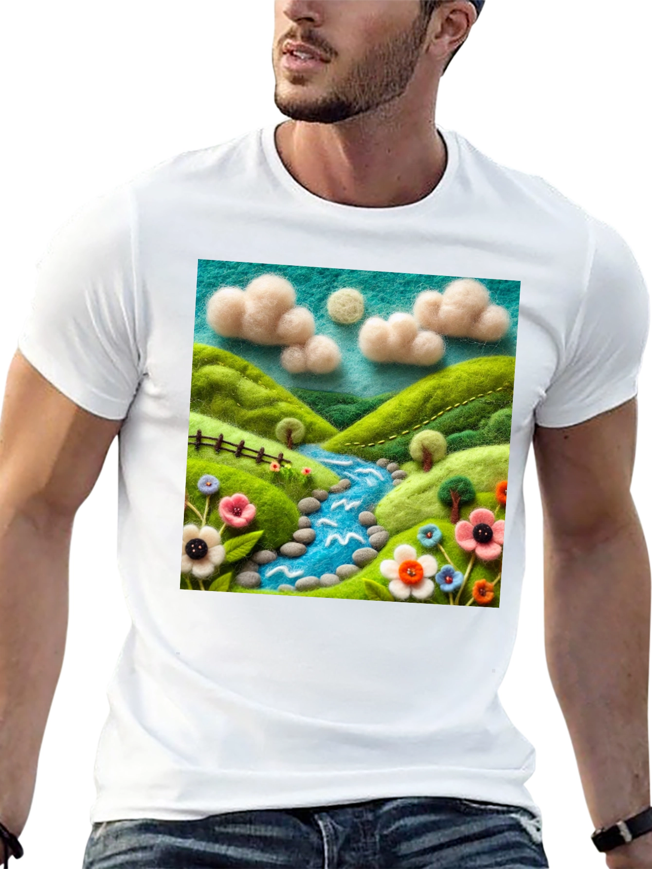 Nature River Felt Art Black T-Shirt