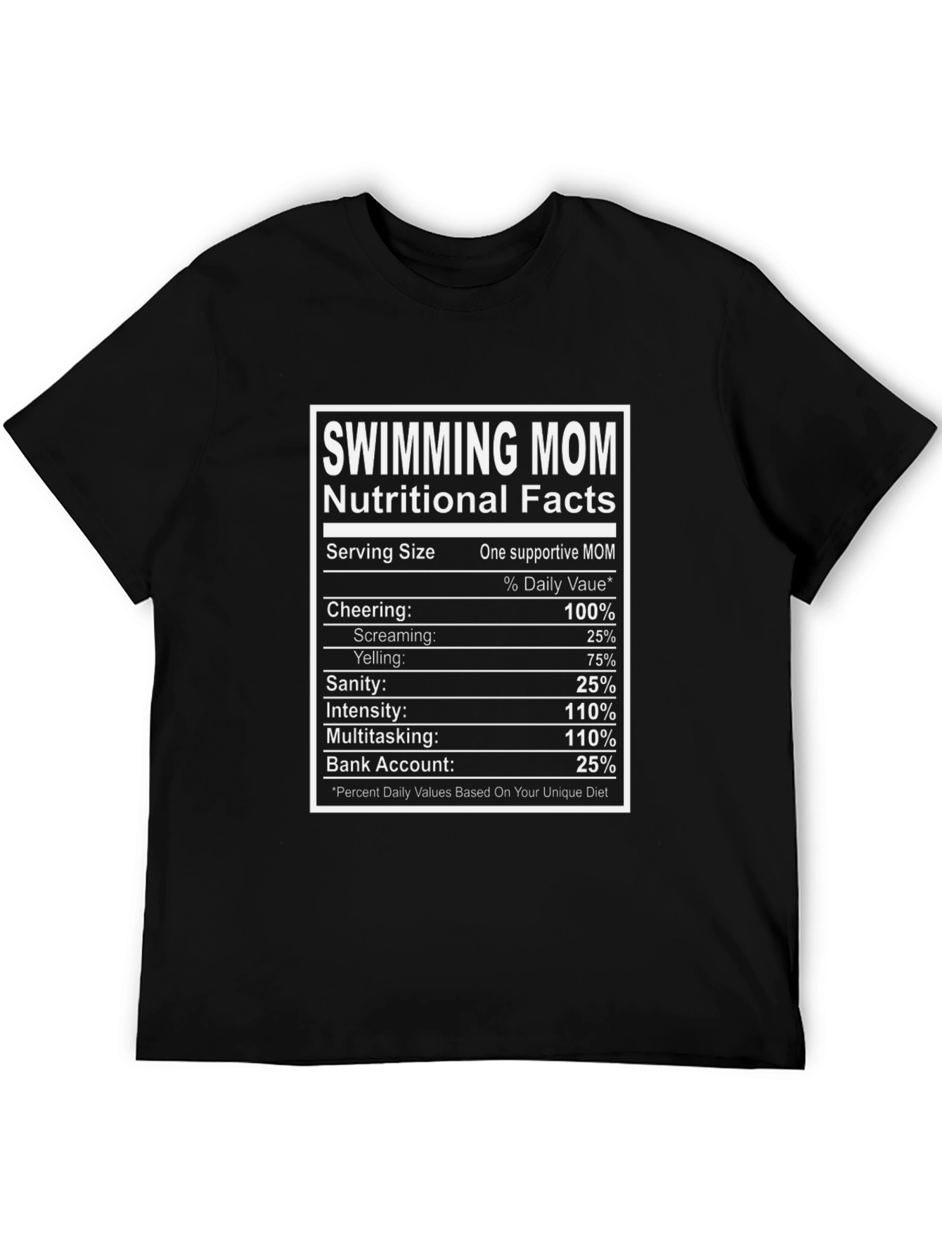 Swimming Mom Nutritional Facts Black T-Shirt