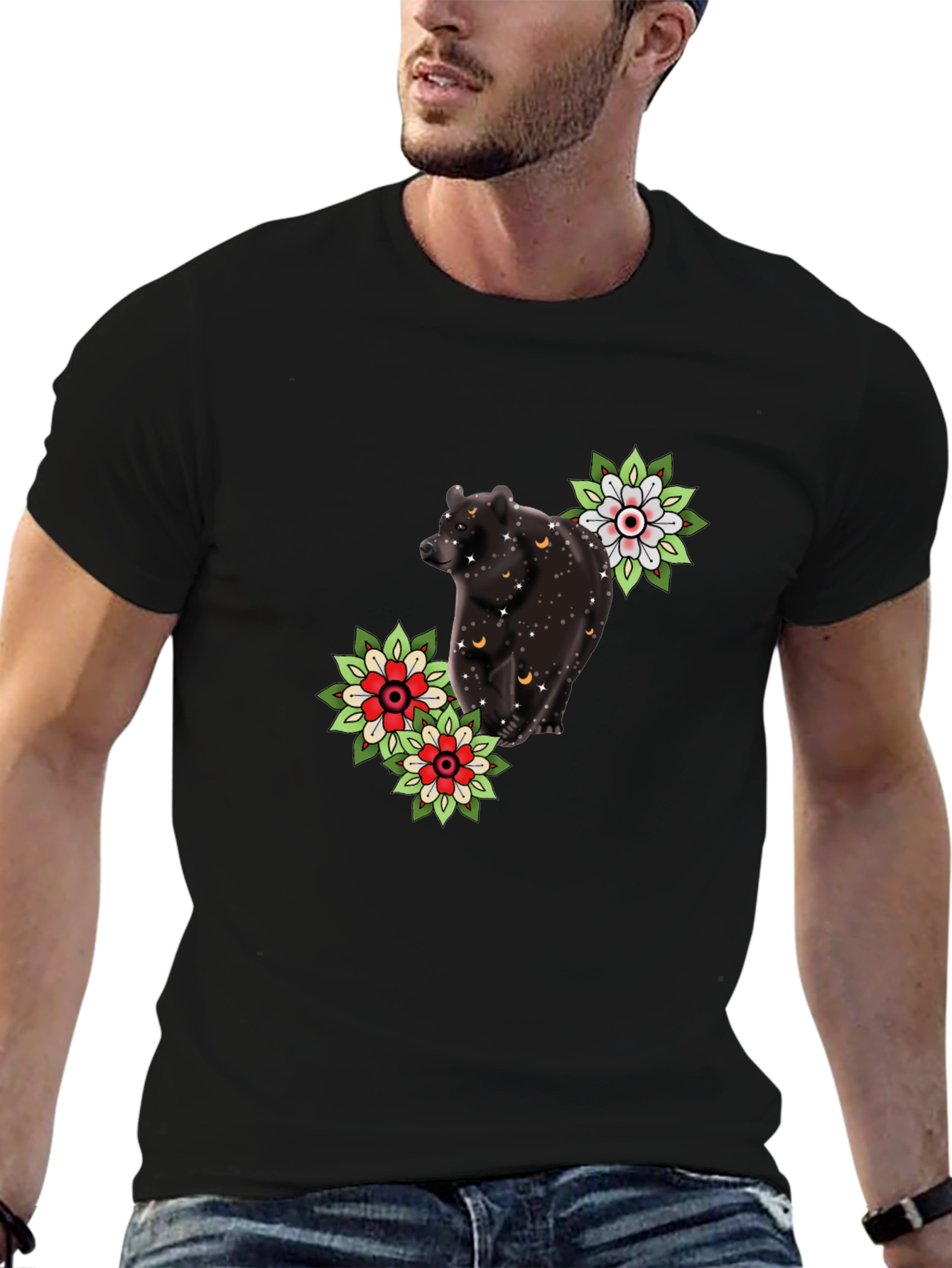 Bear & Flower Graphic Tee - Black