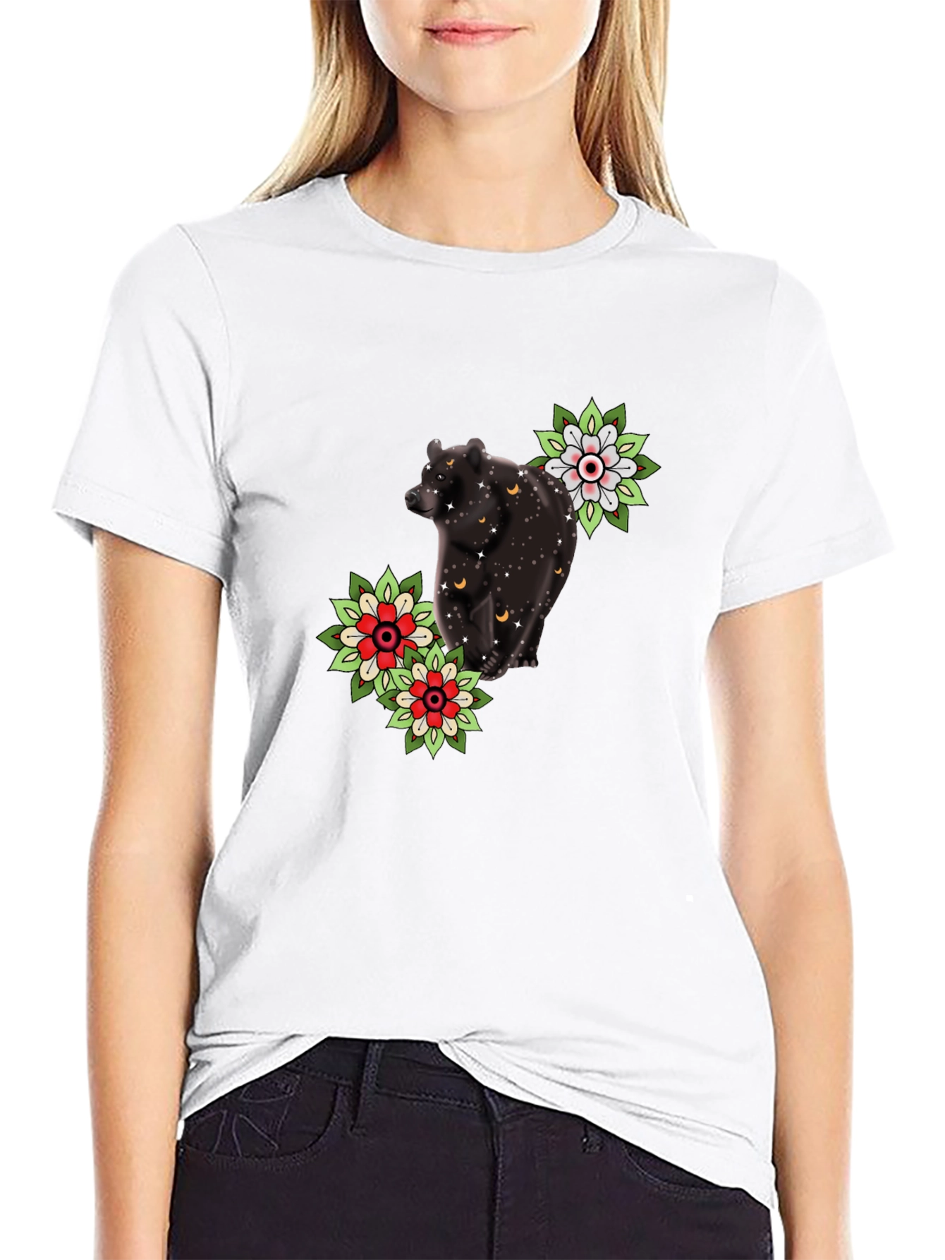 Bear & Flower Graphic Tee - Black
