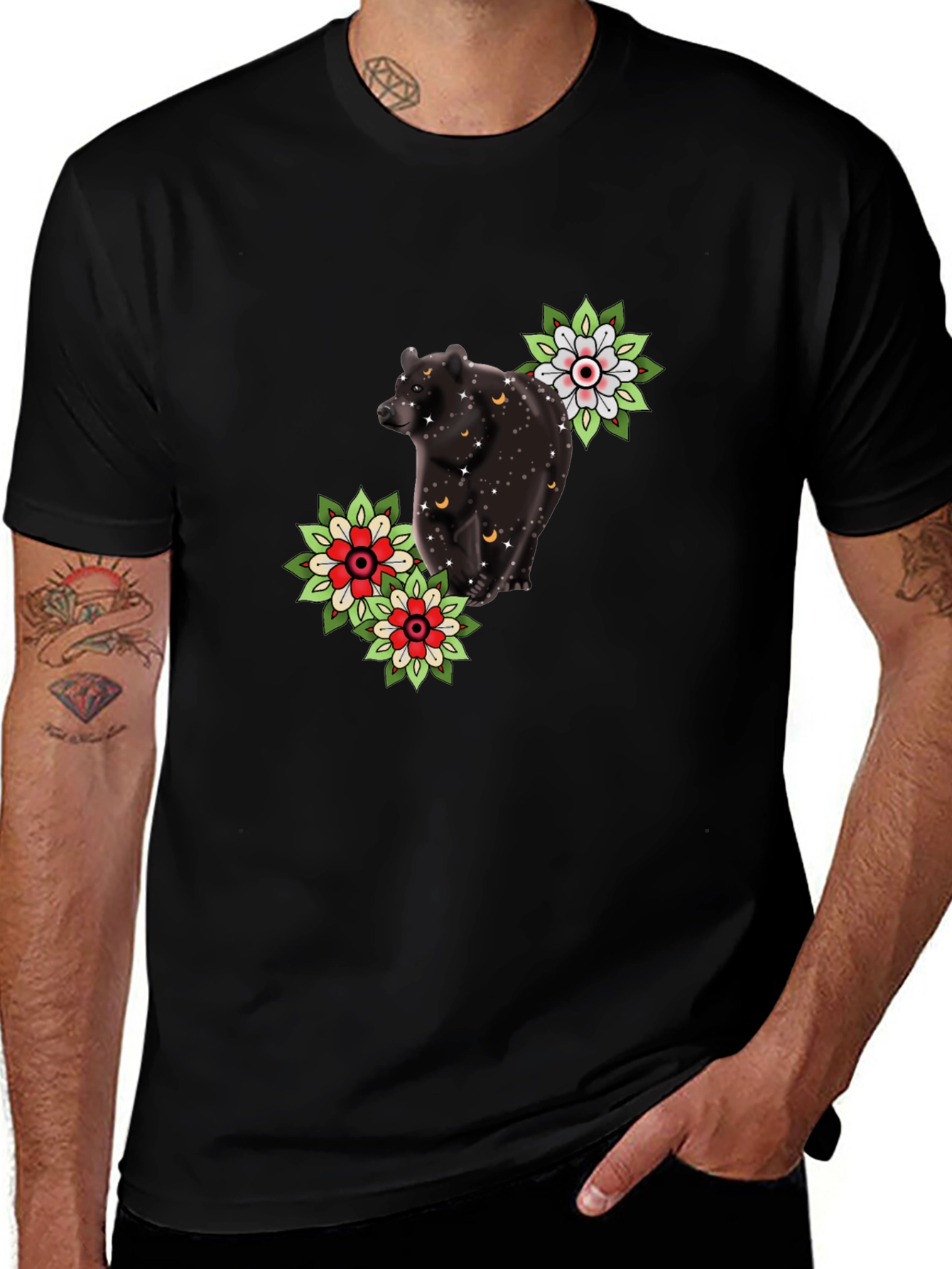 Bear & Flower Graphic Tee - Black