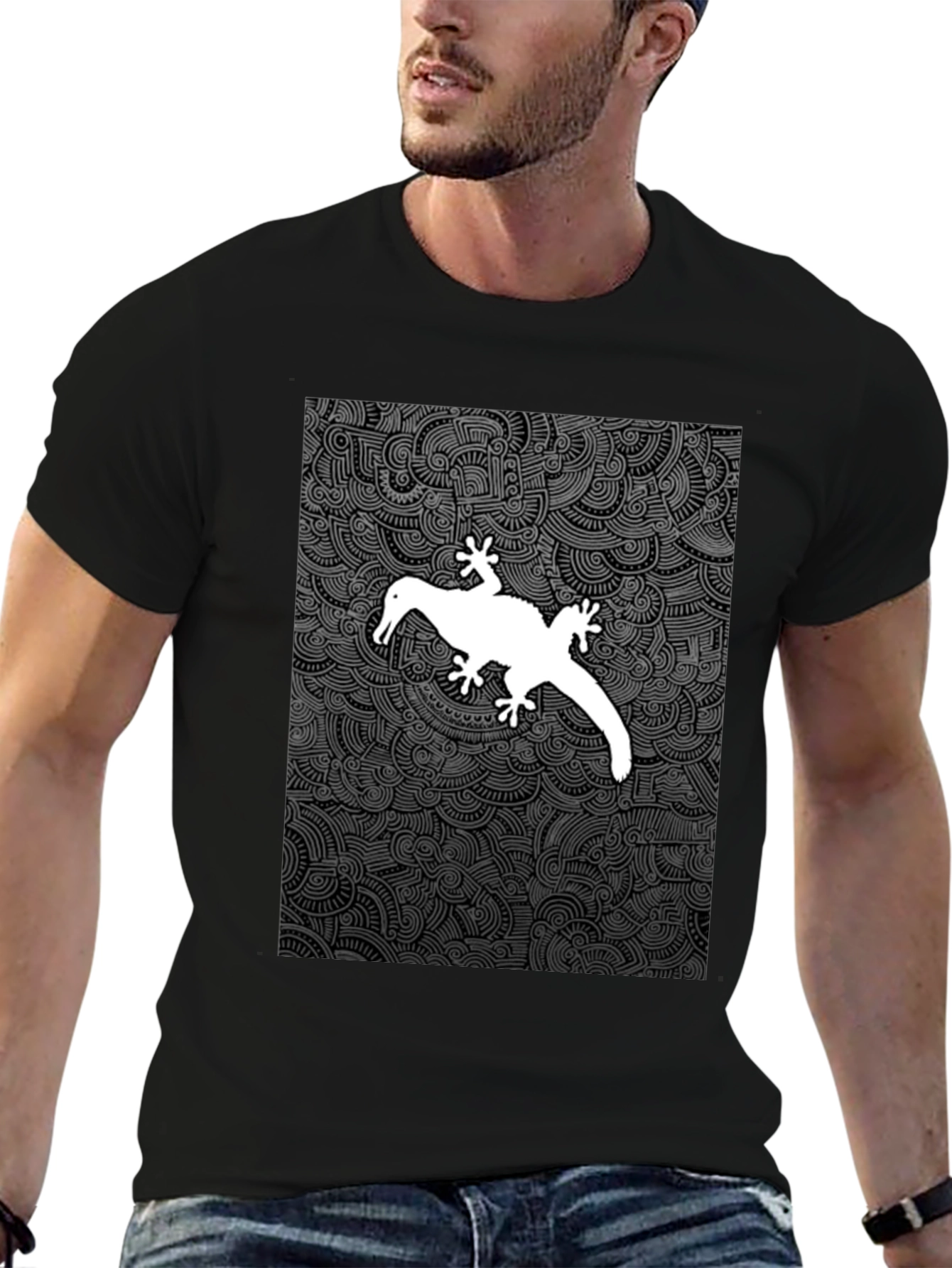 Quirky Gecko Graphic Tee - Black Cotton Blend