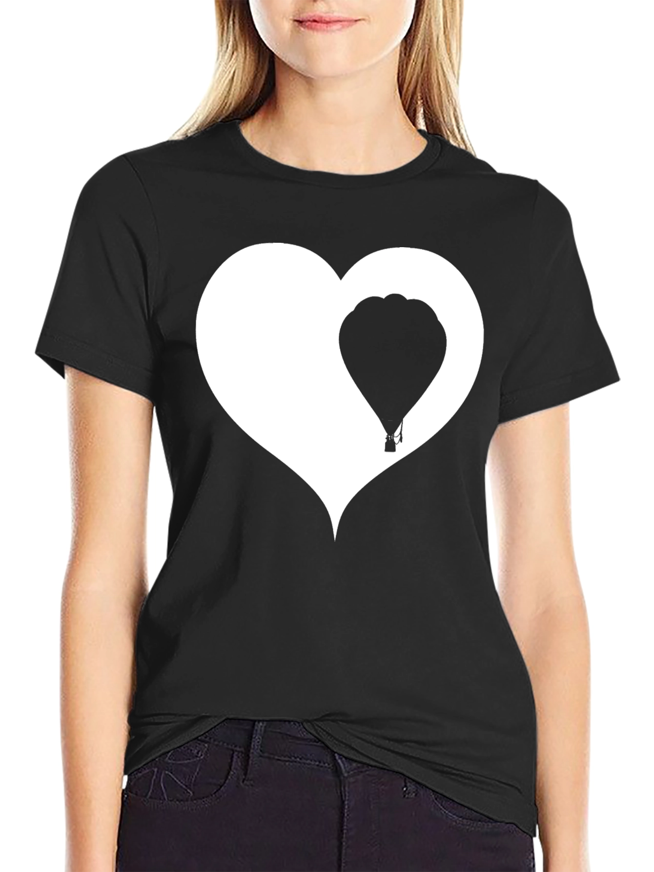 Heart Balloon Graphic Tee - Black Cotton Blend