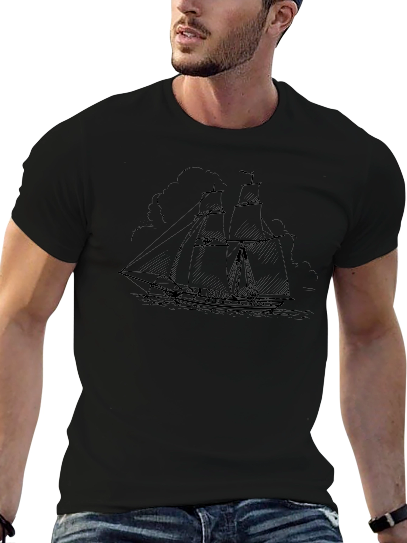 Nautical Ship Graphic Tee - Black Cotton T-Shirt