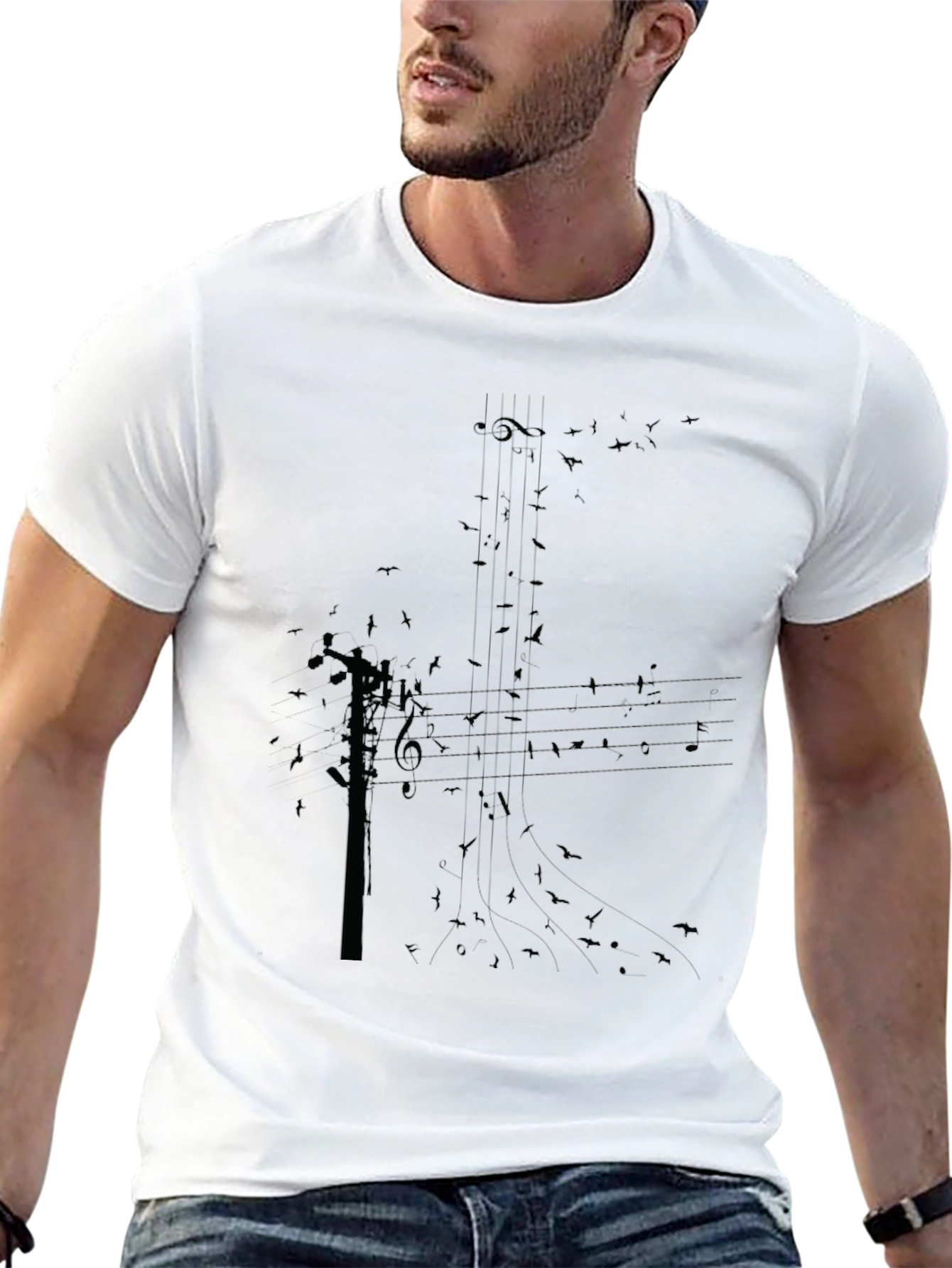 Black Graphic Tee: Music Notes & Birds