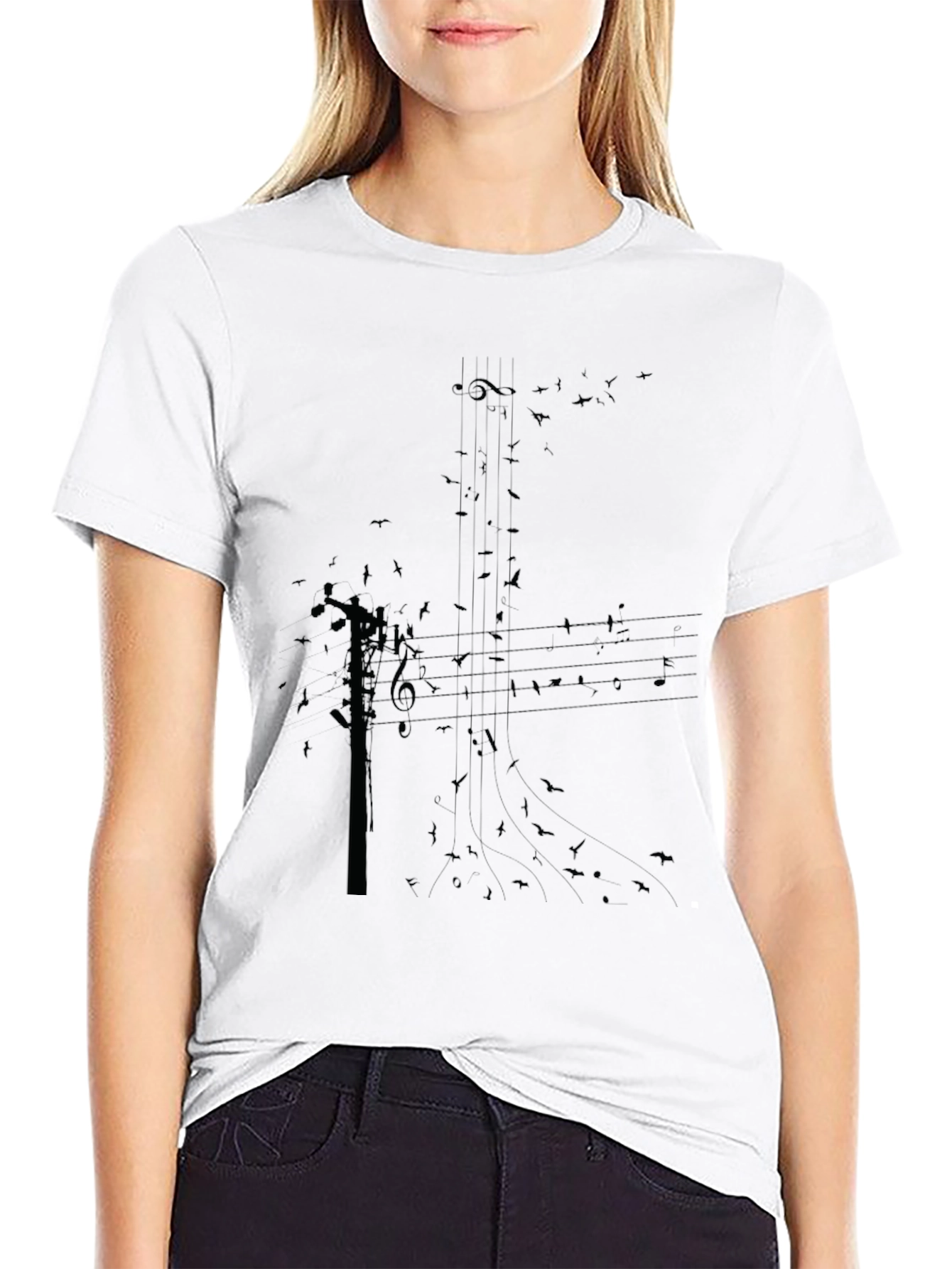 Black Graphic Tee: Music Notes & Birds
