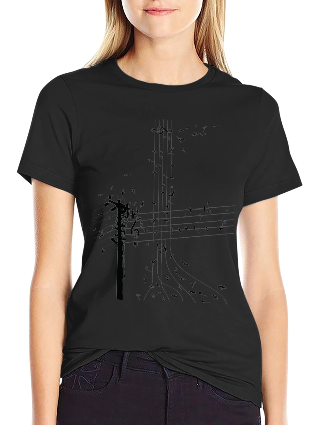 Black Graphic Tee: Music Notes & Birds