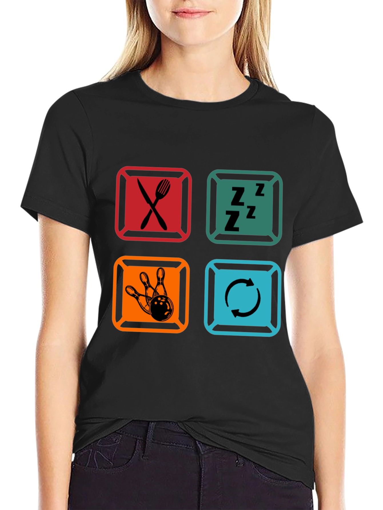 Eat Sleep Bowl Repeat Black Graphic T-Shirt