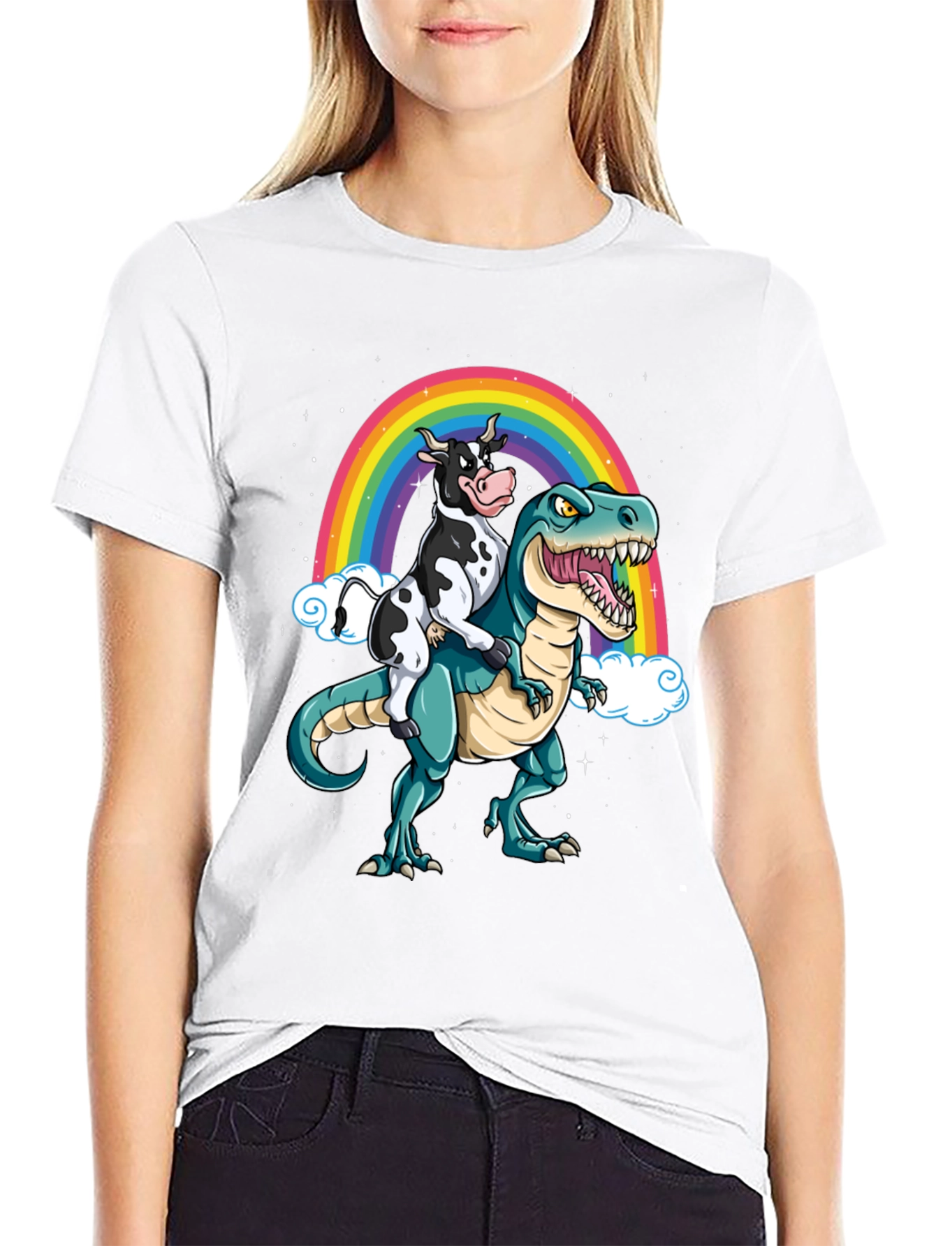Cow Riding Dinosaur Rainbow T-Shirt