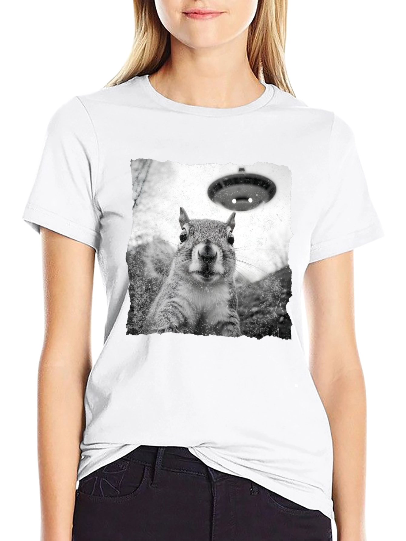 Squirrel UFO Abduction Black T-Shirt
