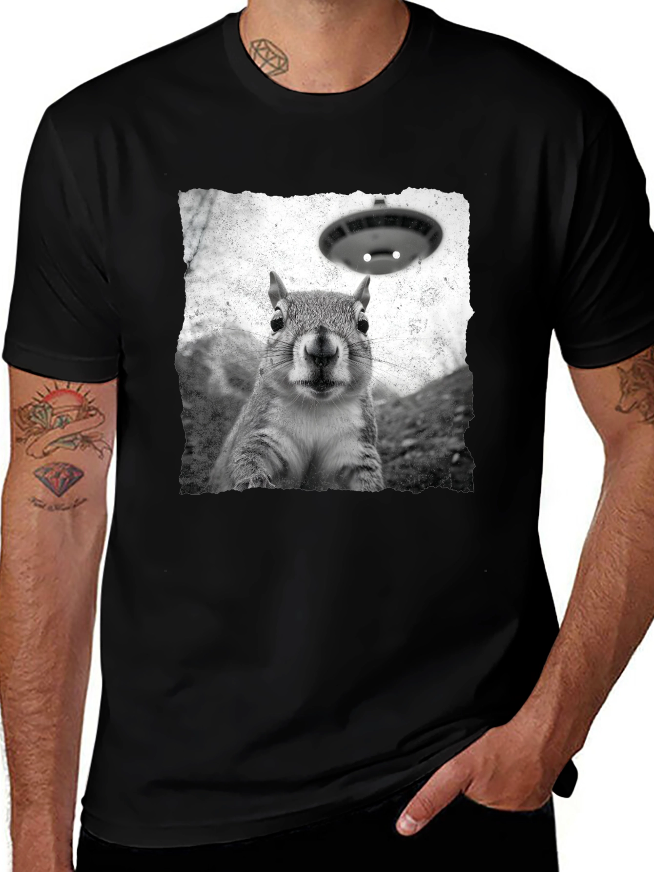 Squirrel UFO Abduction Black T-Shirt