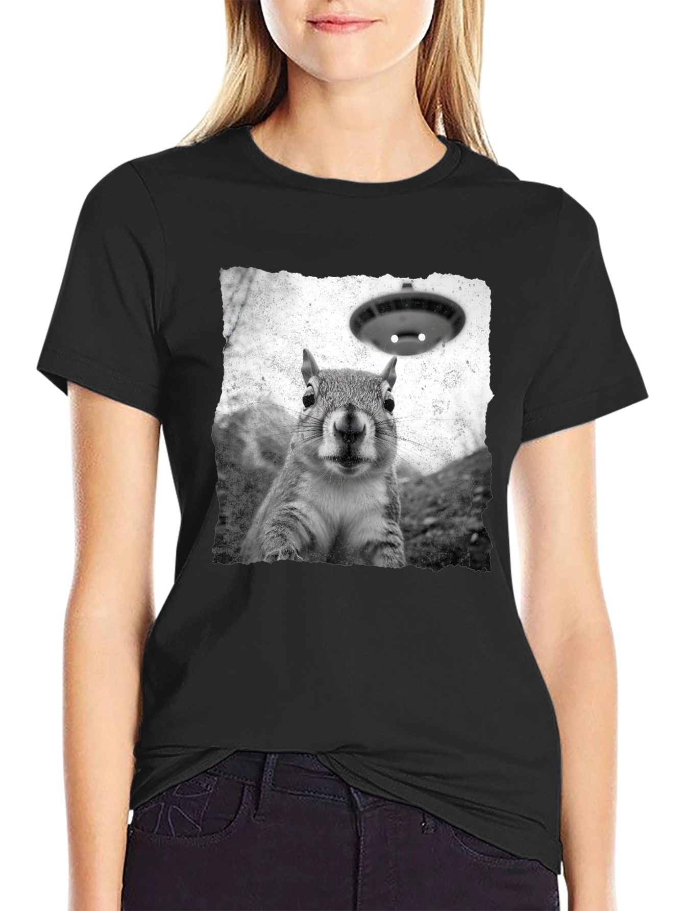 Squirrel UFO Abduction Black T-Shirt