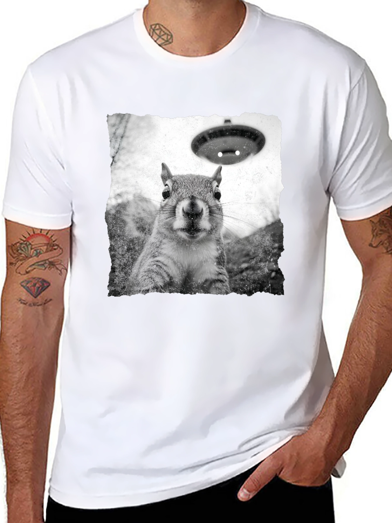 Squirrel UFO Abduction Black T-Shirt