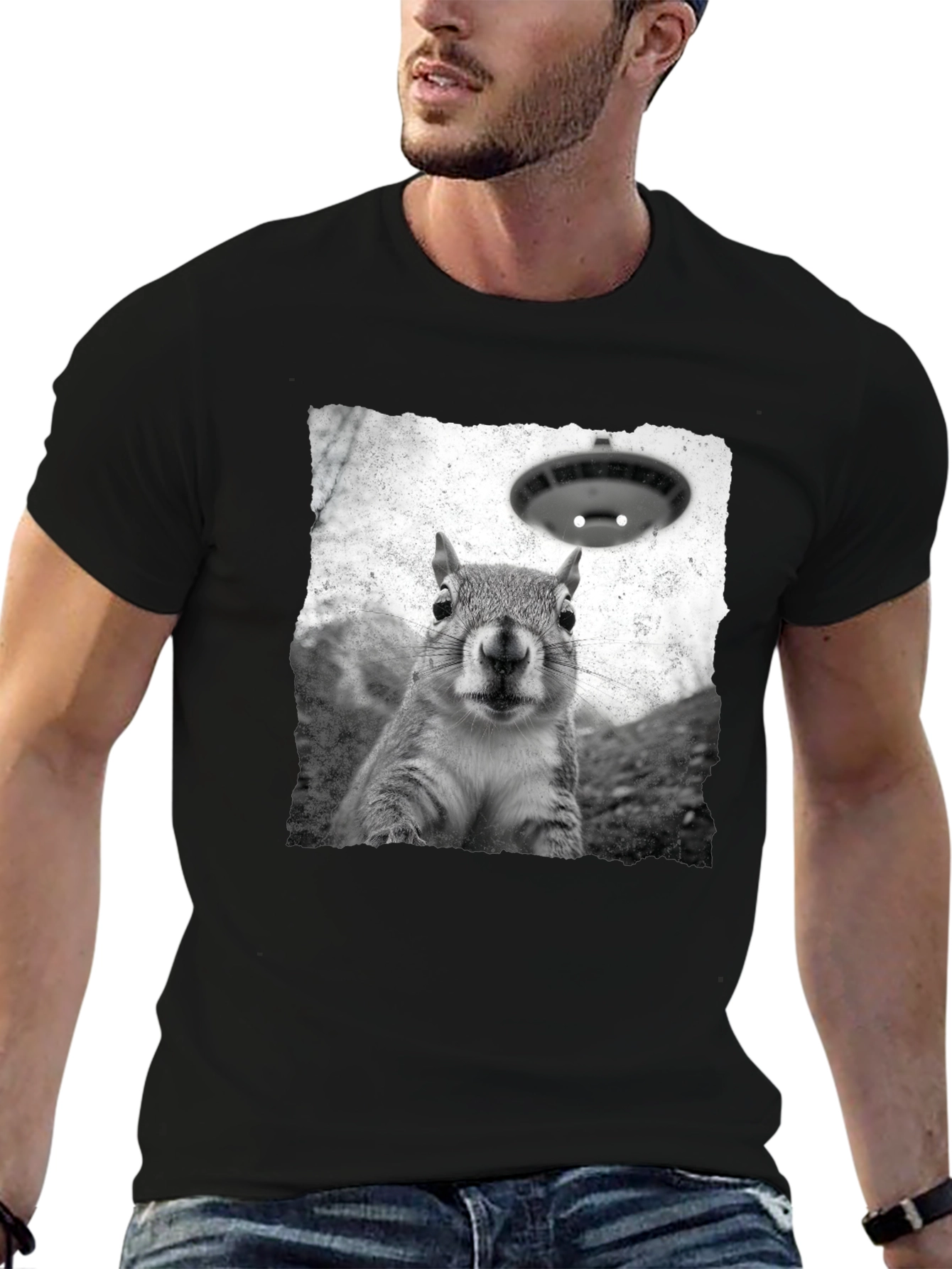 Squirrel UFO Abduction Black T-Shirt