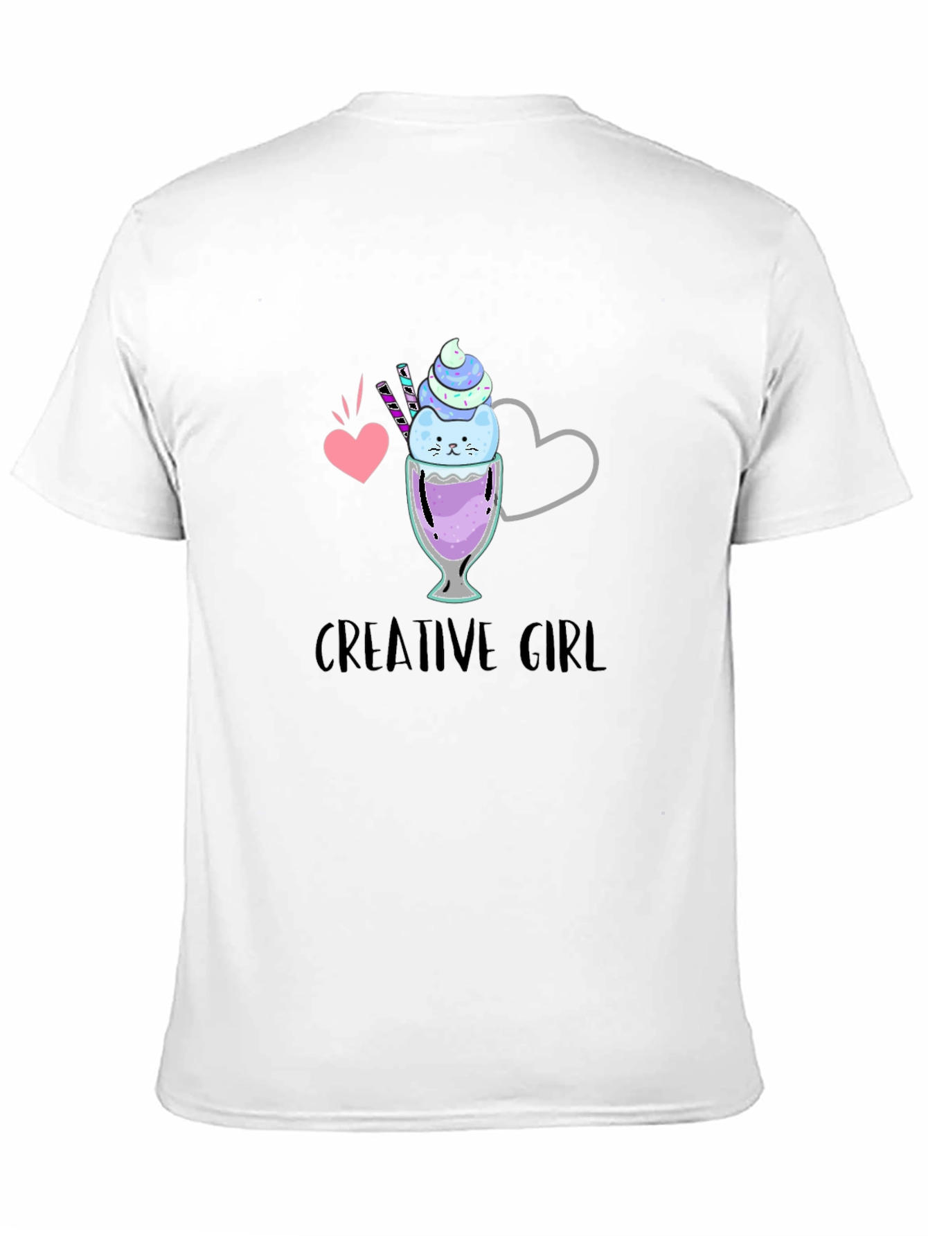 Creative Girl Ice Cream Cat Graphic Black T-Shirt