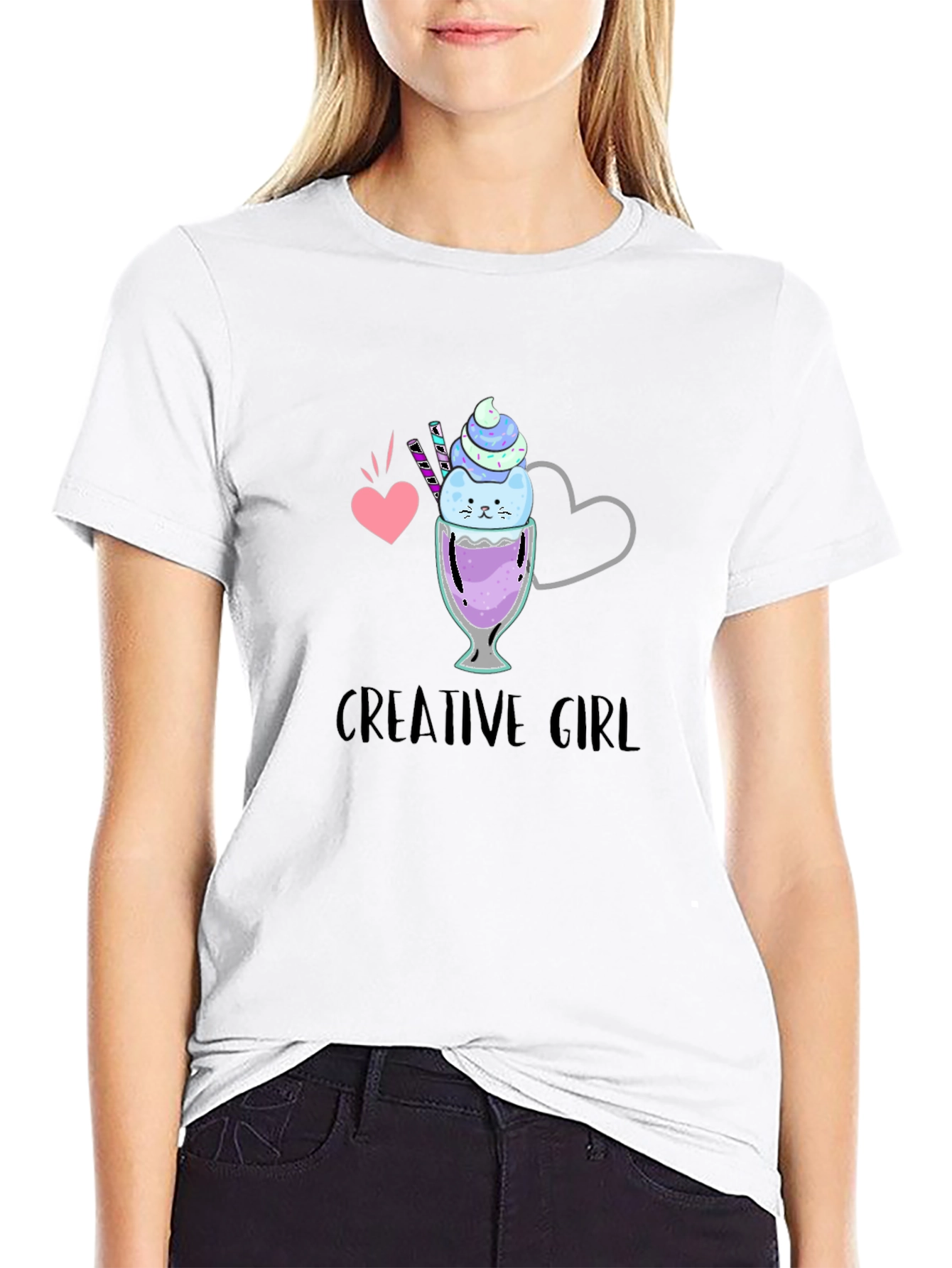 Creative Girl Ice Cream Cat Graphic Black T-Shirt
