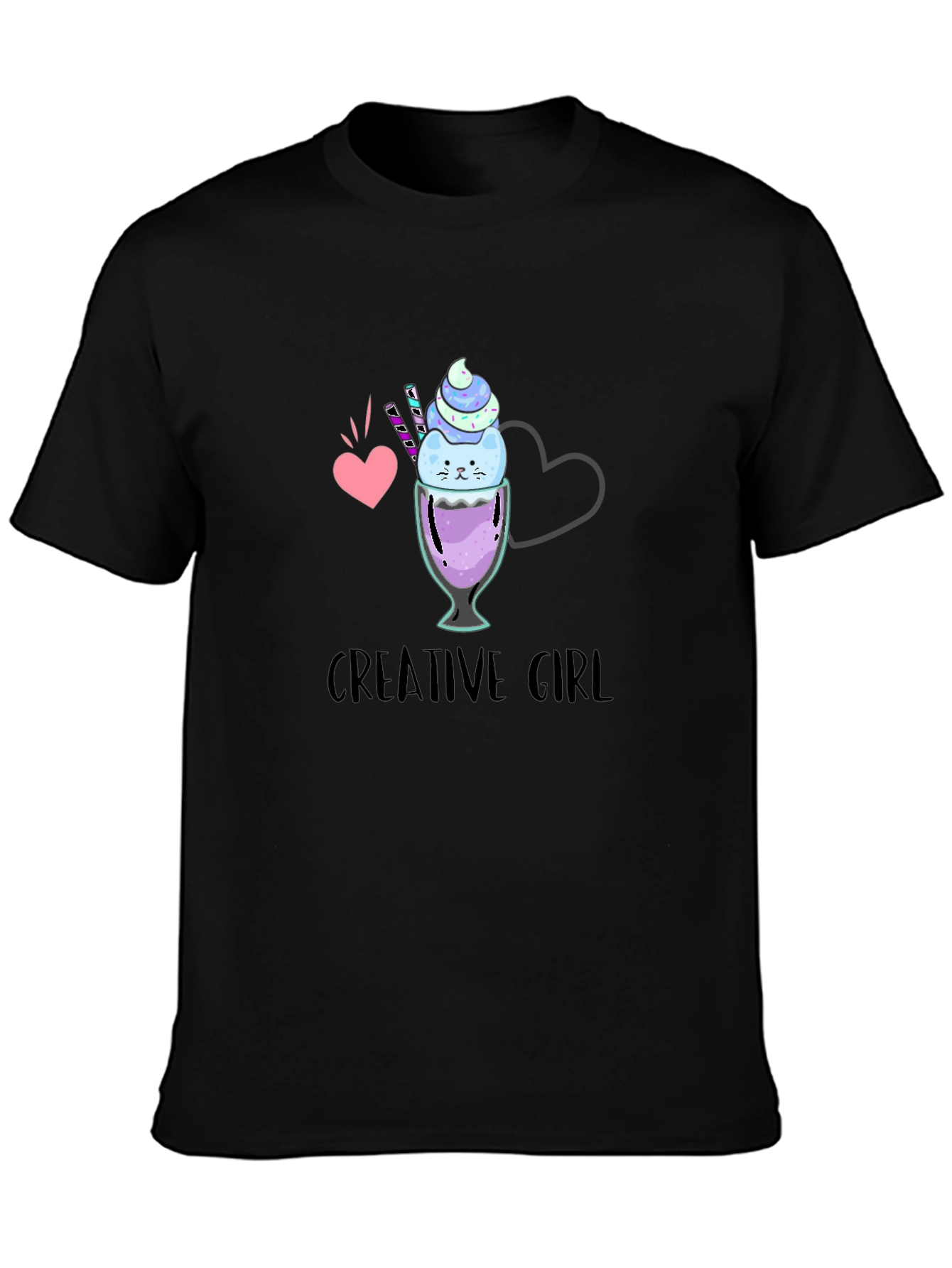 Creative Girl Ice Cream Cat Graphic Black T-Shirt