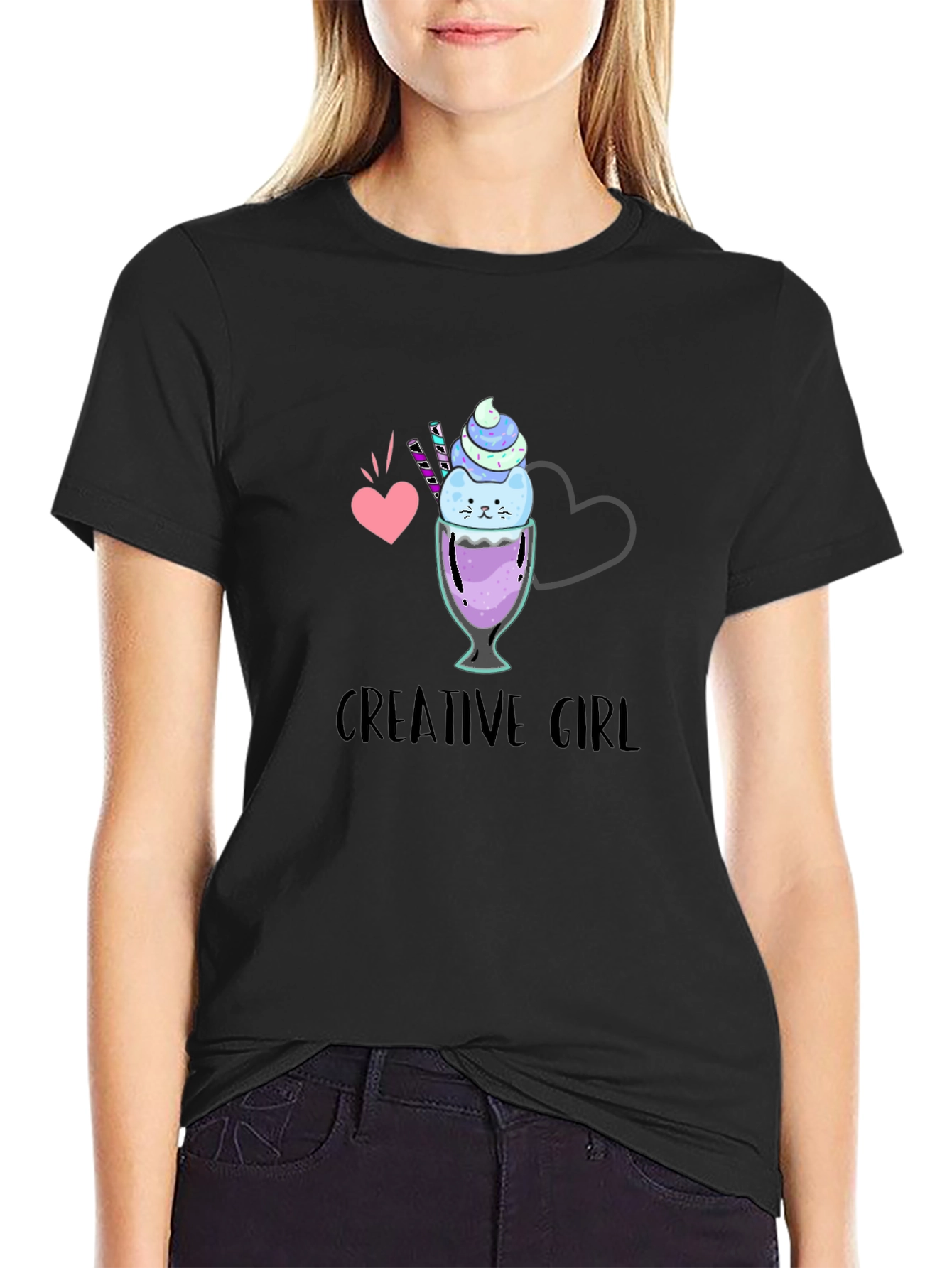 Creative Girl Ice Cream Cat Graphic Black T-Shirt
