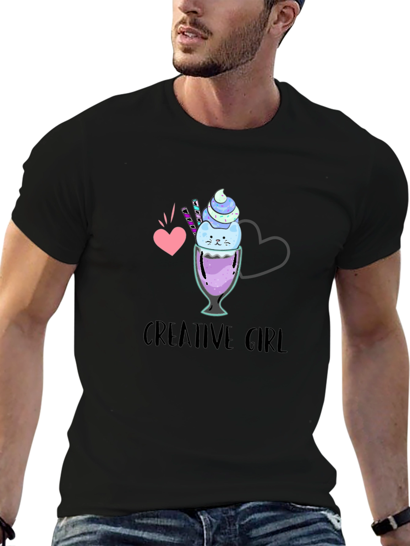 Creative Girl Ice Cream Cat Graphic Black T-Shirt