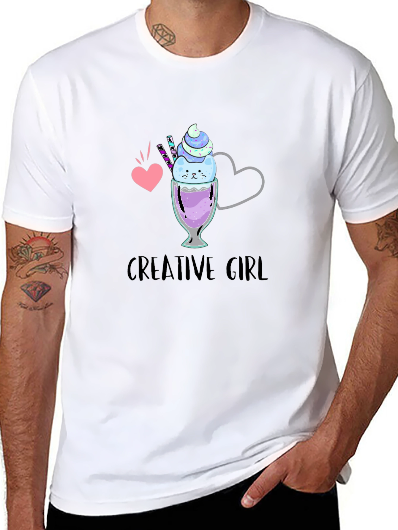 Creative Girl Ice Cream Cat Graphic Black T-Shirt