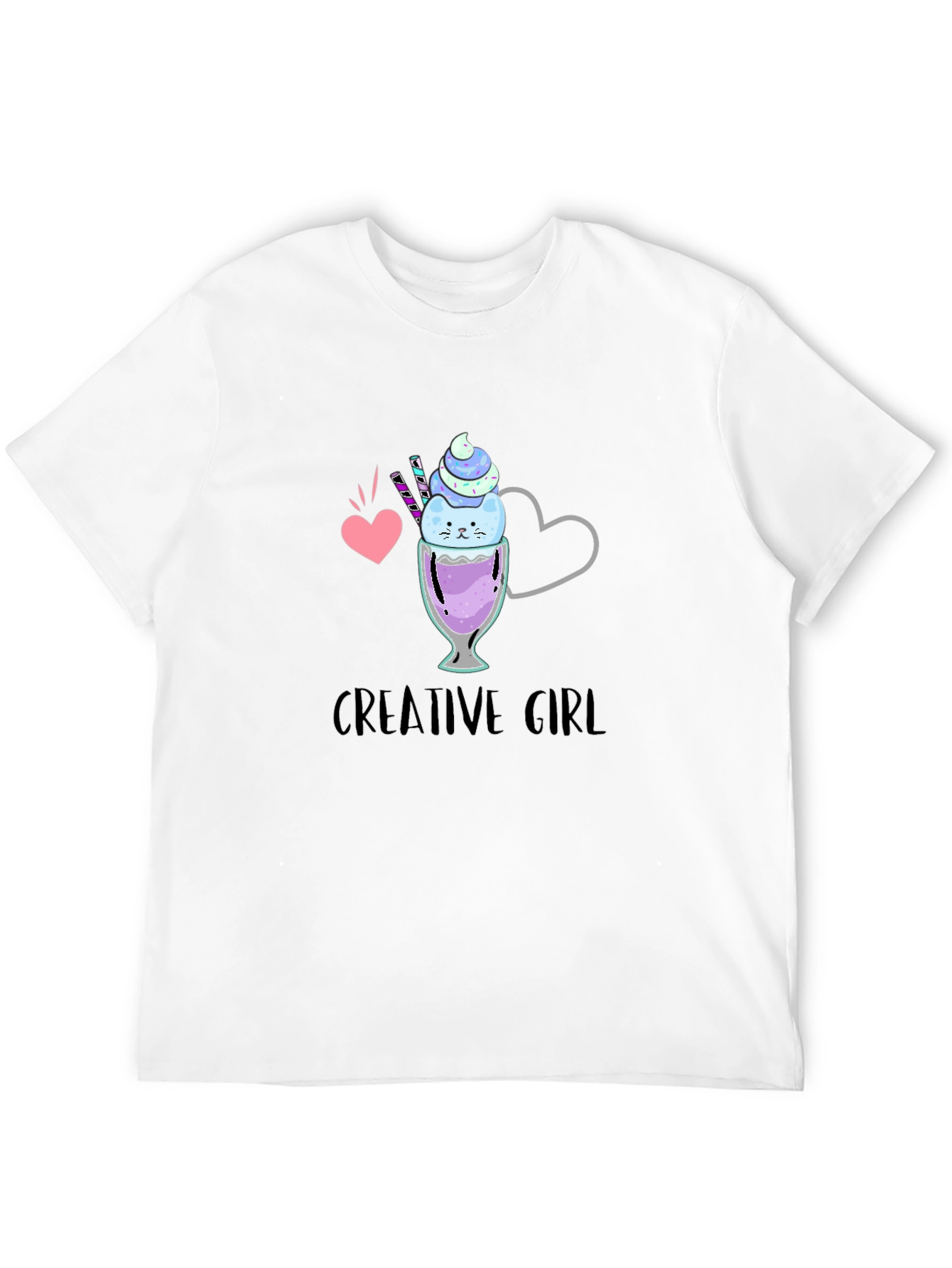 Creative Girl Ice Cream Cat Graphic Black T-Shirt