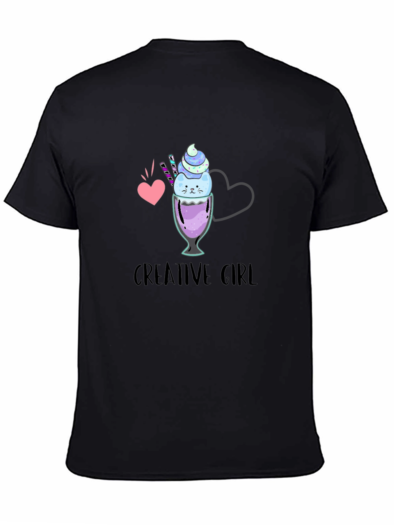 Creative Girl Ice Cream Cat Graphic Black T-Shirt