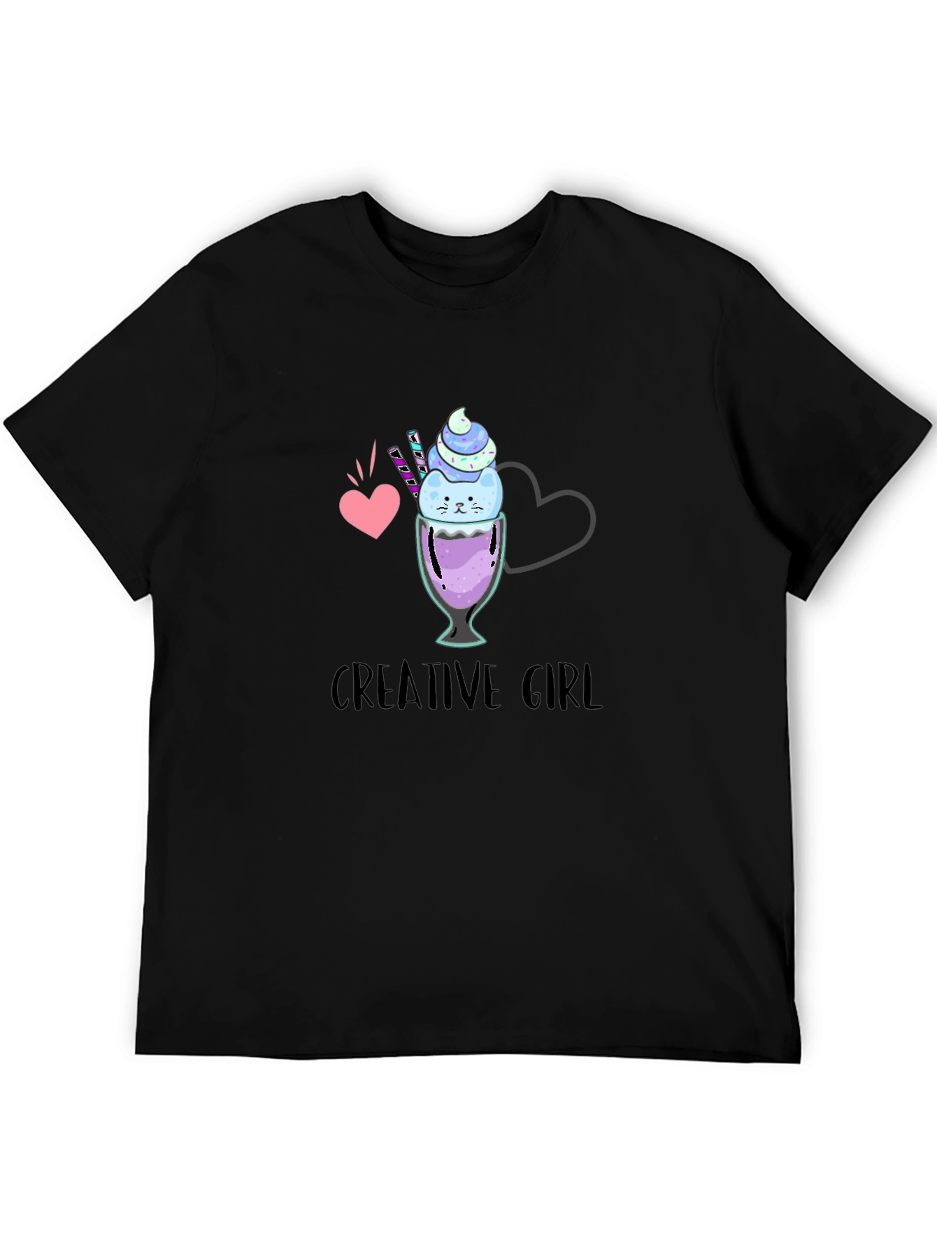 Creative Girl Ice Cream Cat Graphic Black T-Shirt
