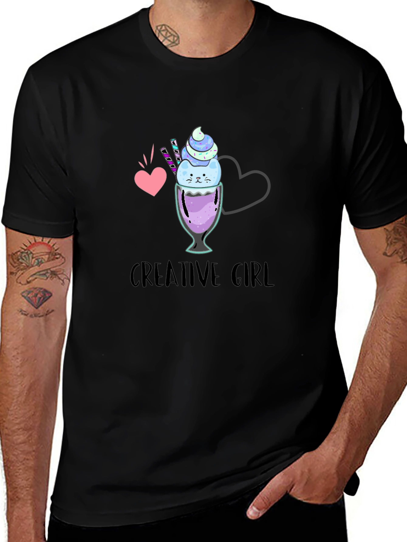 Creative Girl Ice Cream Cat Graphic Black T-Shirt