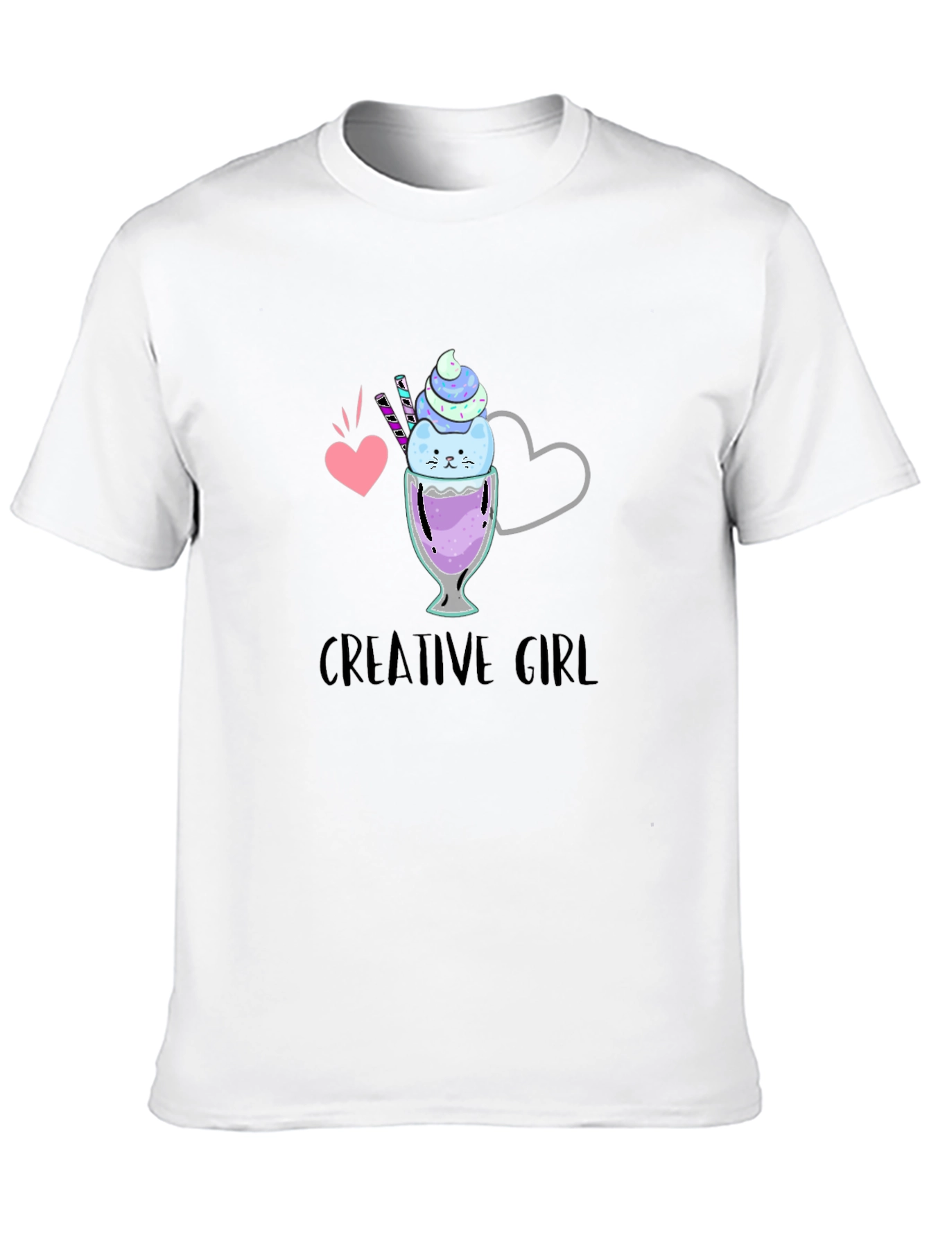 Creative Girl Ice Cream Cat Graphic Black T-Shirt