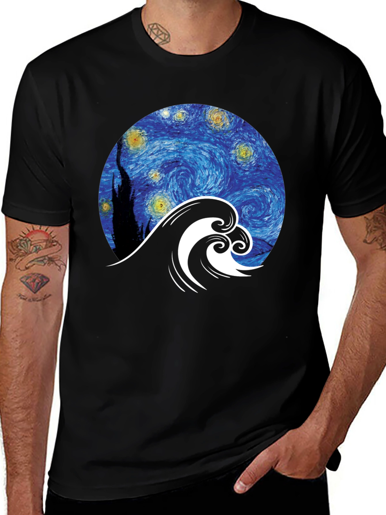 Starry Wave Graphic Tee - Unique Artistic Design